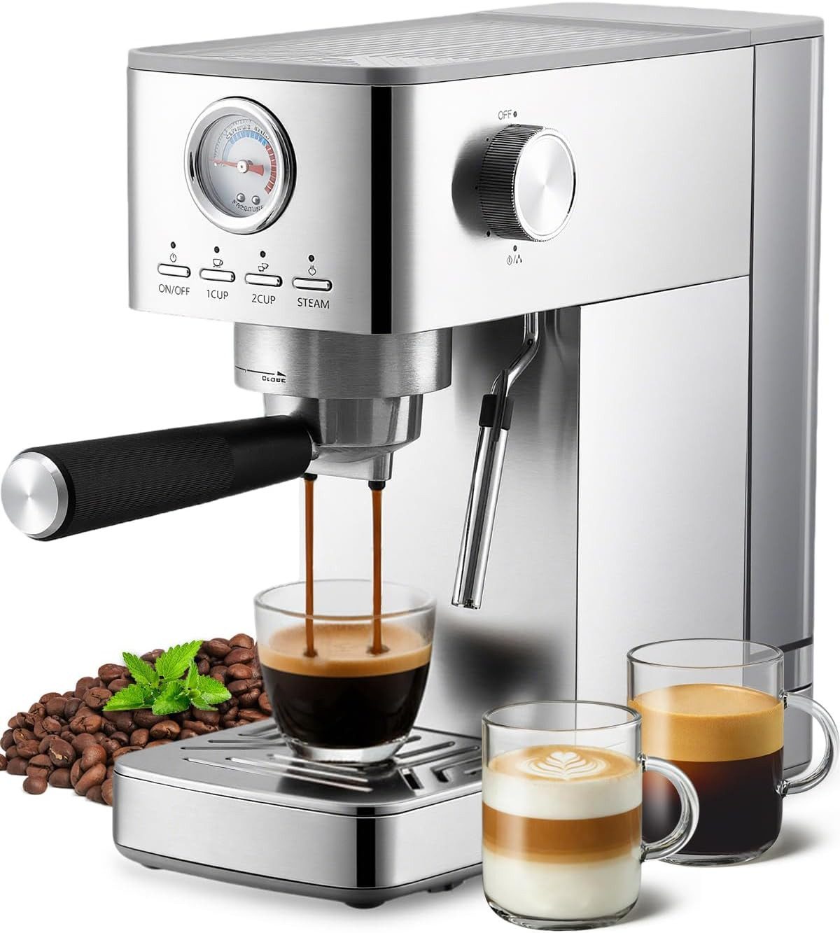 GarveeMore Siebträgermaschine GM5432d-GS, 1.4l Kaffeekanne, Espressomaschine 15Bar,Sichtbares Manometer,Kaffeemaschine Espresso