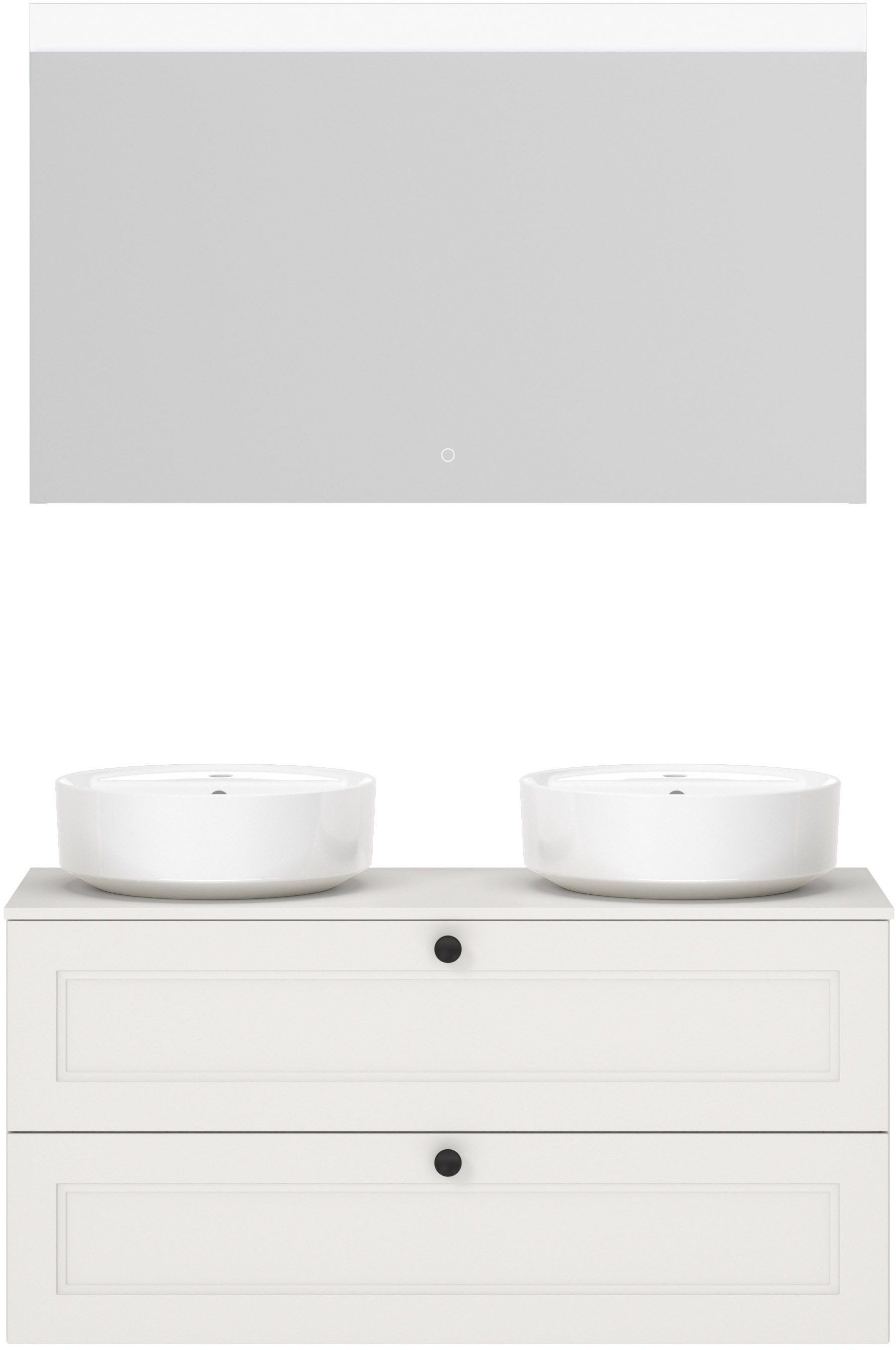 nobilia® Badmöbel-Set Cascada, (Set, 4-St., inkl. 2 Aufsatzwaschbecken und beleuchtetem Spiegel mit Touch-Sensor), vormontiert, mit Soft-Close, Breite 120 cm