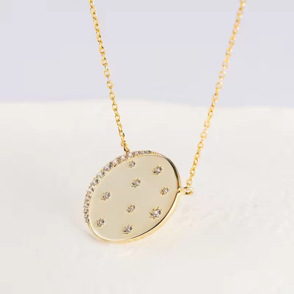 Runde Perlé Kette mit Anhänger mit Gravur Universum mit Mond und Sternen, "Ich Liebe Dich" Gravur, "Believe" Gravur, 925er Silber, 14K Gold, Zirkon