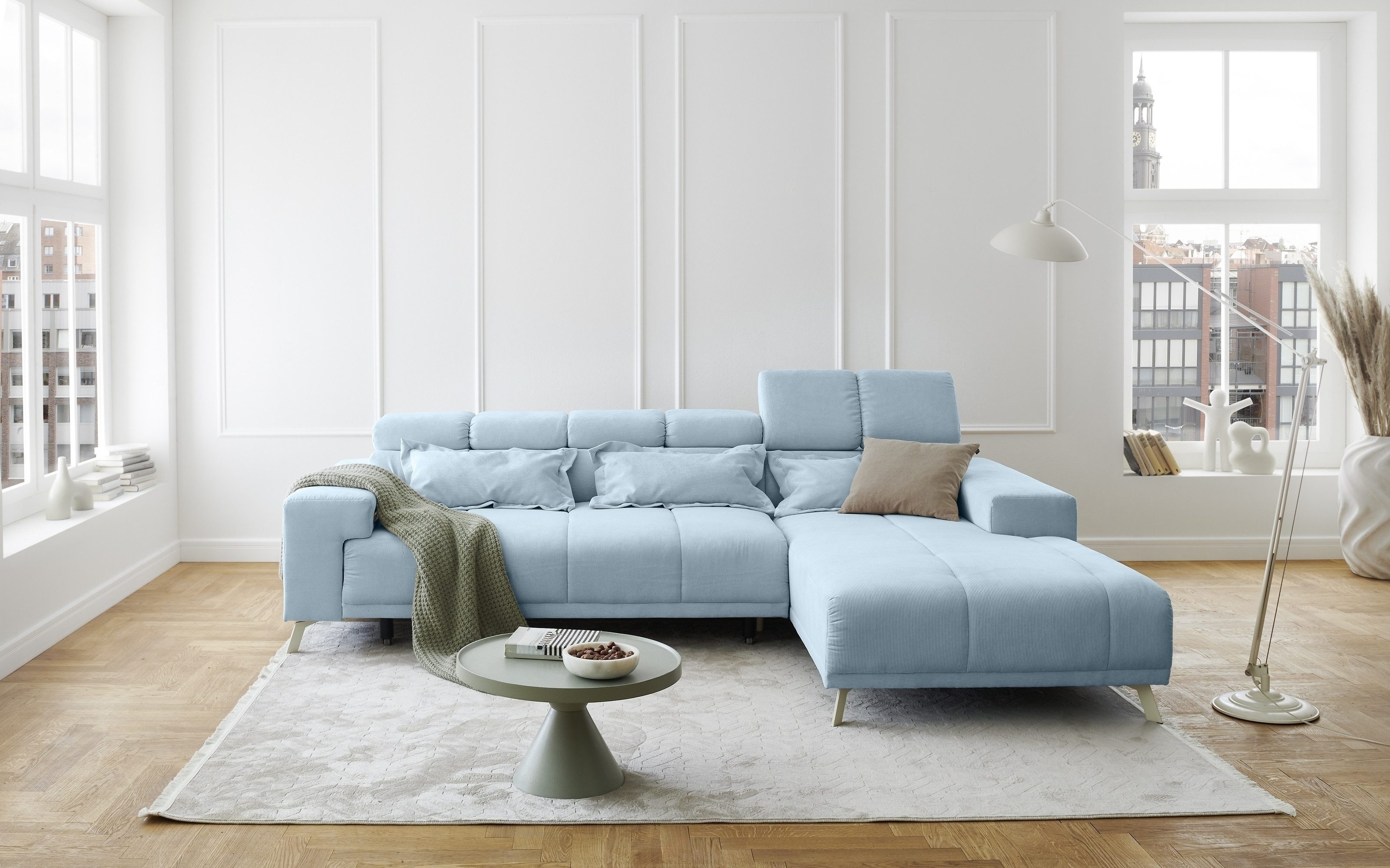 Iwaniccy Polstergarnitur Sitztiefen + Kopfetilverstellung, hellblau - 285x79x201cm (BxHxT)