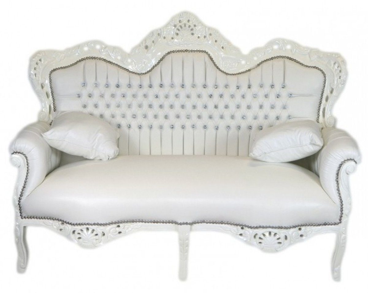 2-Sitzer Couch 2er Bling Glitzersteinen / - Padrino Wohnzimmer Master Lederoptik Möbel Weiß Weiß mit Lounge Sofa Barock Bling Casa