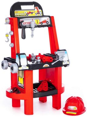 Polesie Kinder-Werkzeug-Set Mechaniker Set 2in1 Formula Werkzeugbank Trolley mit Zubehör und Helm, (Set, 30-tlg)