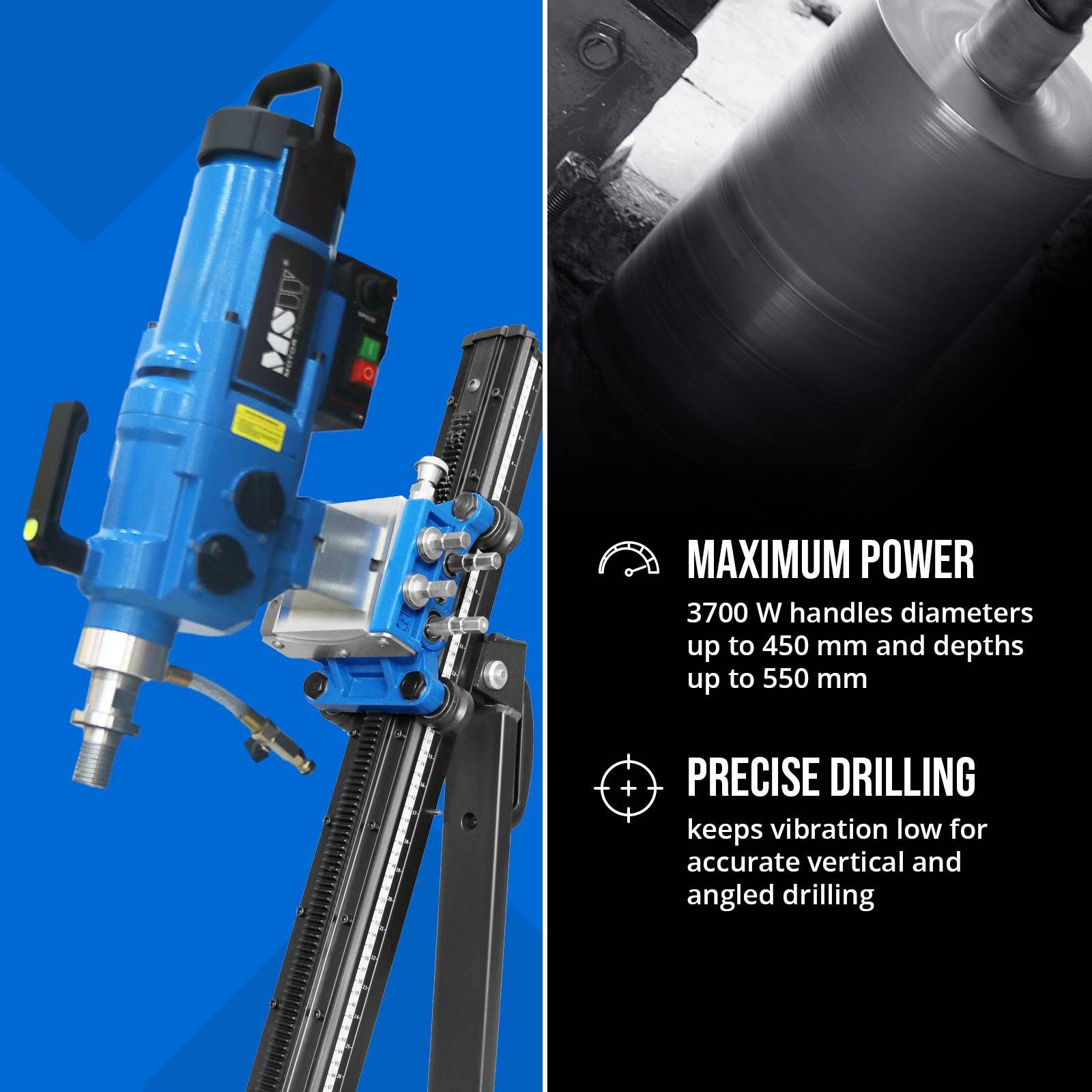 MSW Kernbohrmaschine Kernbohrgerät mit Ständer und Wasserkühlung 3700 W 200 - 1230 U/min ø, 230 V, max. 1230 U/min