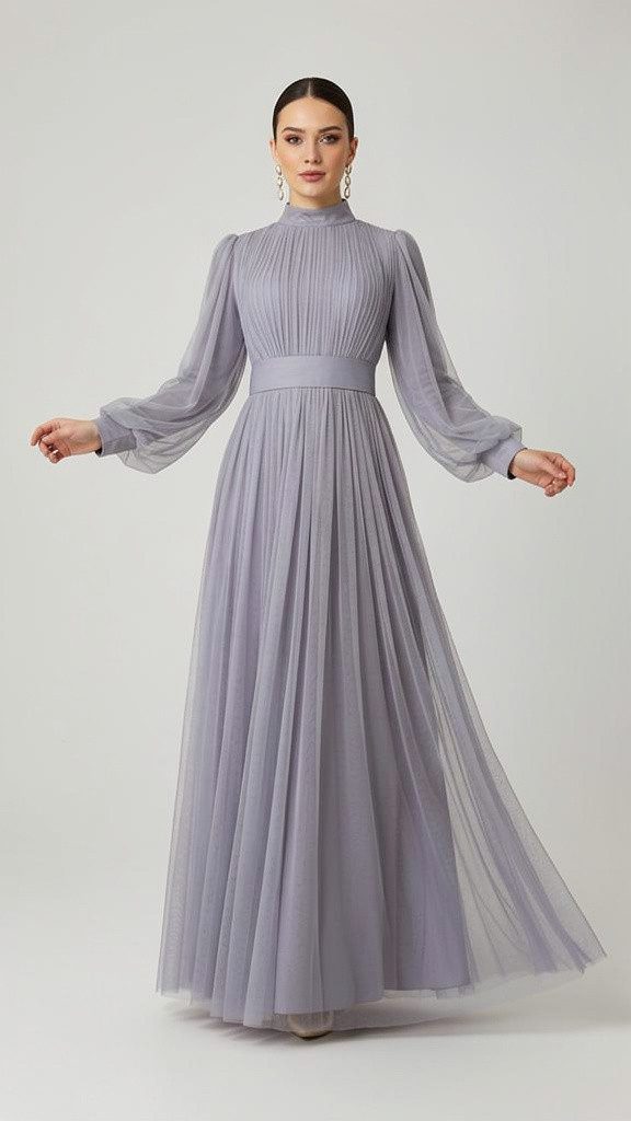 fashionshowcase Tüllkleid Damen Abendkleid Maxilänge Abaya-Stil - Modest Mode vollständig blickdicht & bedeckt – Bild 2 von 5