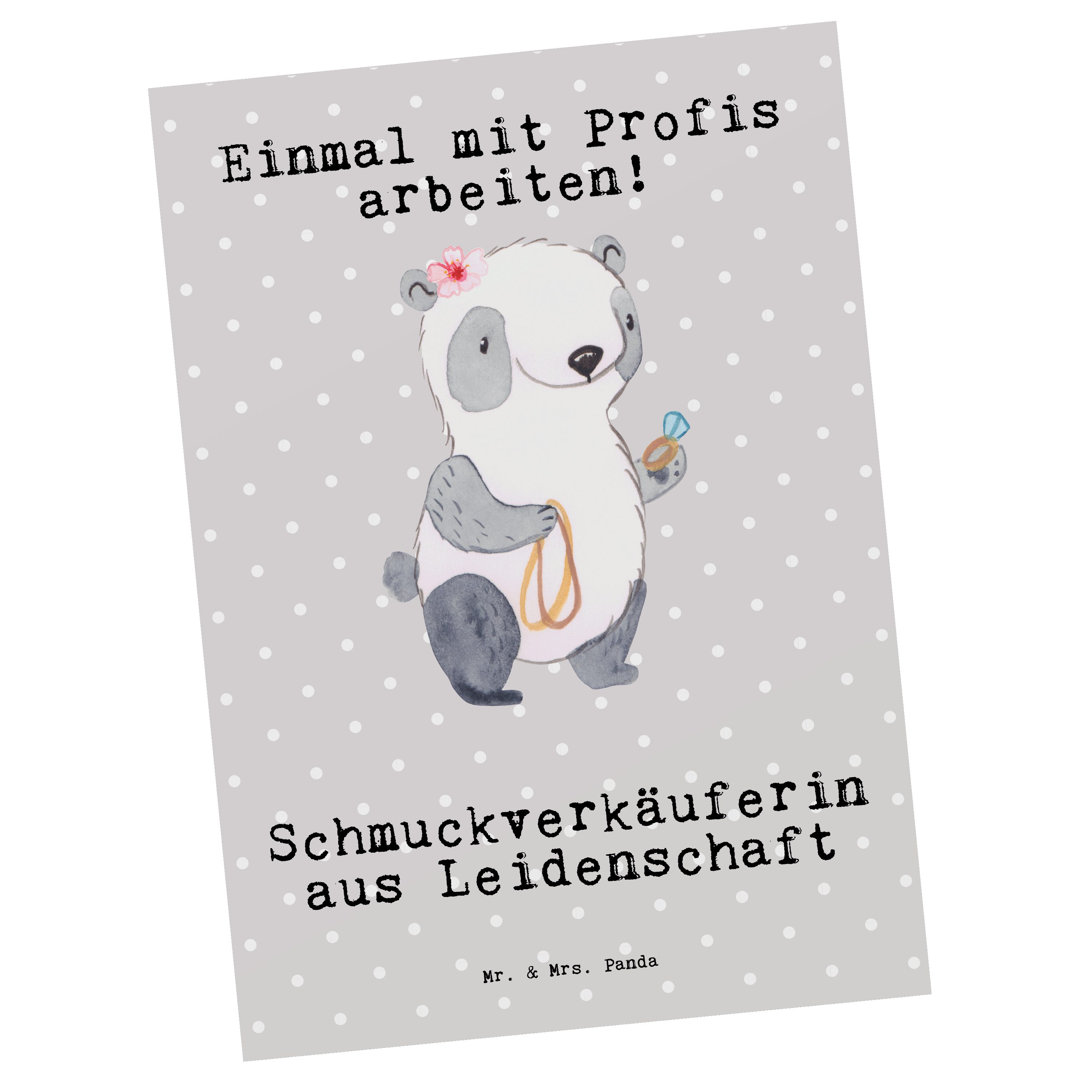 Mr. & Mrs. Panda Postkarte Schmuckverkäuferin aus Leidenschaft - Grau Pastell - Geschenk, Einlad