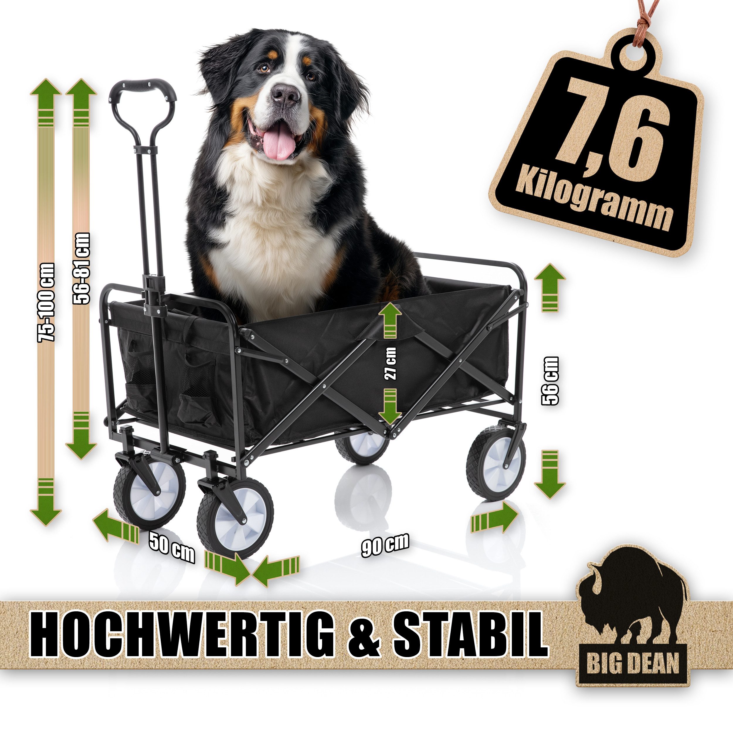 BigDean Bollerwagen Bollerwagen faltbar 100kg belastbar 105L robuster Bollerwagen (Stück, 1-tlg., Bollerwagen), Schiebegriff, Dachaufbau, 2 Feststellbremsen – Bild 3 von 5