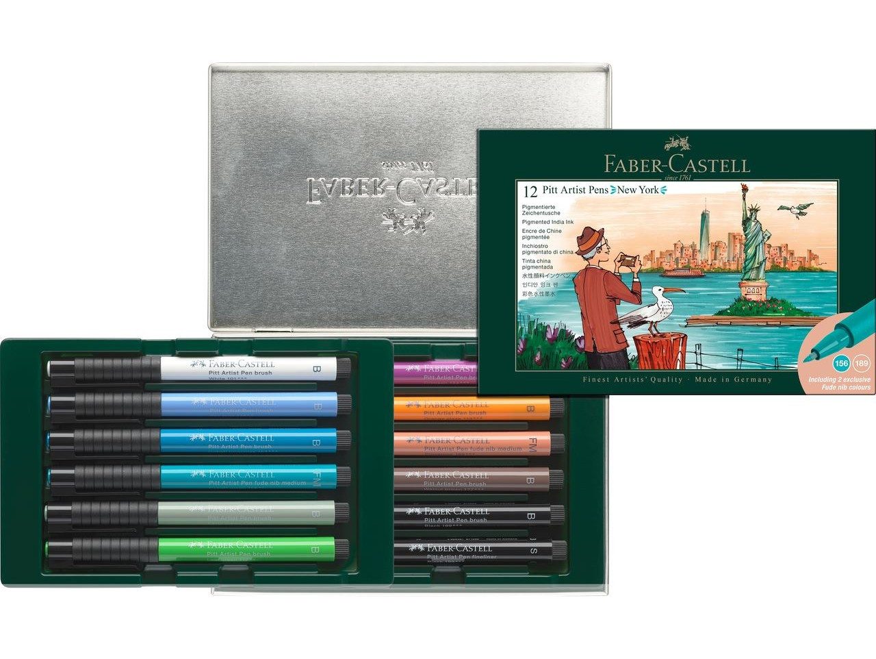 Faber-Castell Künstlerstift Pitt Artist Pen Tuschestift Set 12 teilig New York, Wasserfeste pigmentierte Zeichentusche