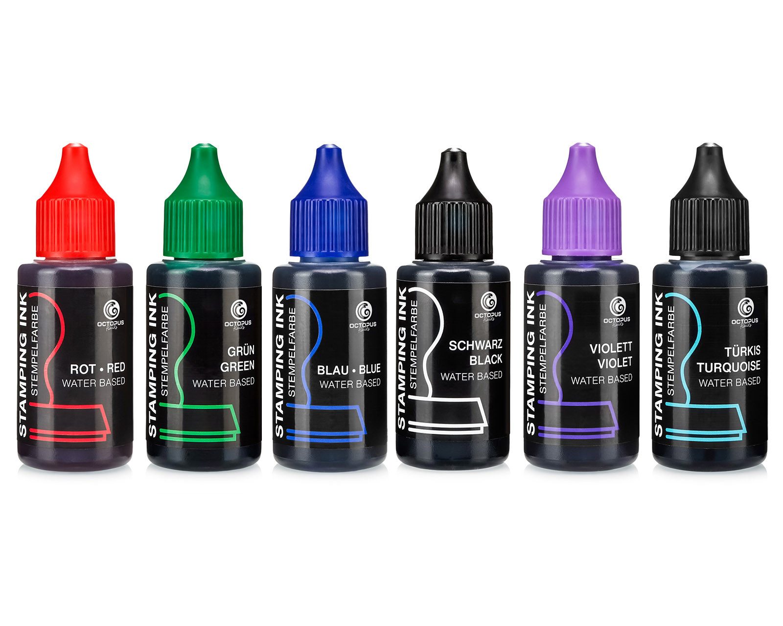 OCTOPUS Fluids Stempeltinten Set Schwarz, Blau, Grün, Rot, Violett, Türkis 6x 30ml Stempelkissen