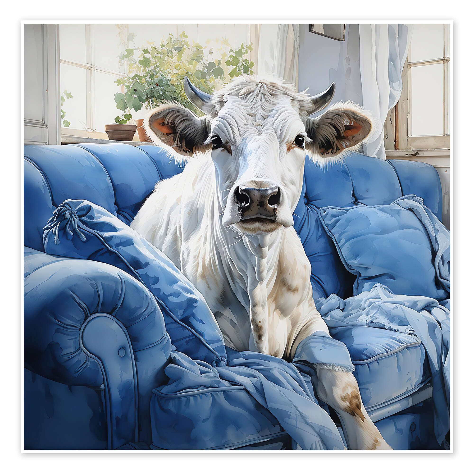 Posterlounge Wandbild Süße Kuh auf blauer Couch, Ryley Gray, erhältlich als Poster, Leinwandbild, Wandsticker oder Acrylglasbild