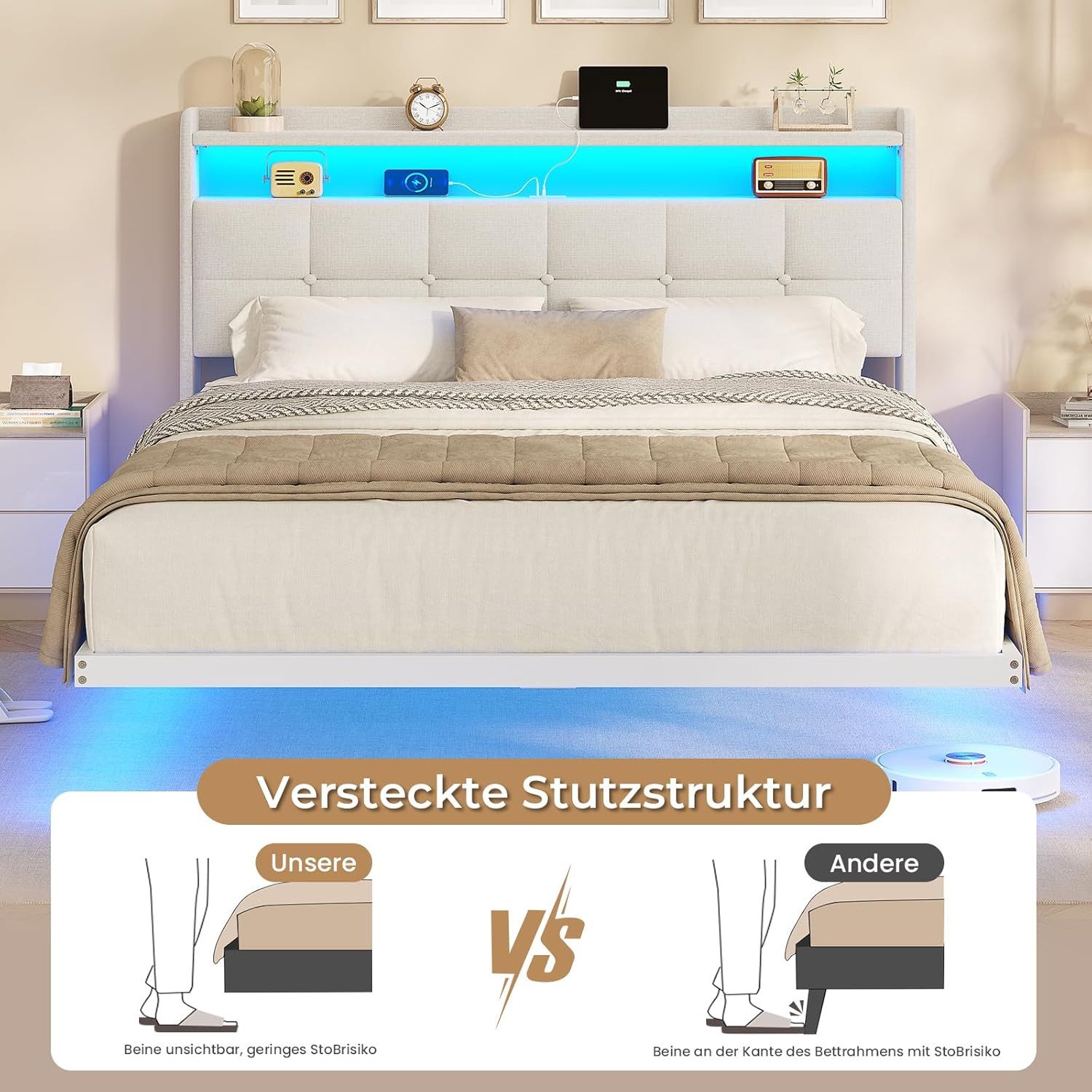 MSMASK Polsterbett Bettrahmen mit LED-Beleuchtung und Ladestation (1-tlg., Ohne Matratze), Jugendbett Bettgestll 140x200cm – Bild 5 von 5