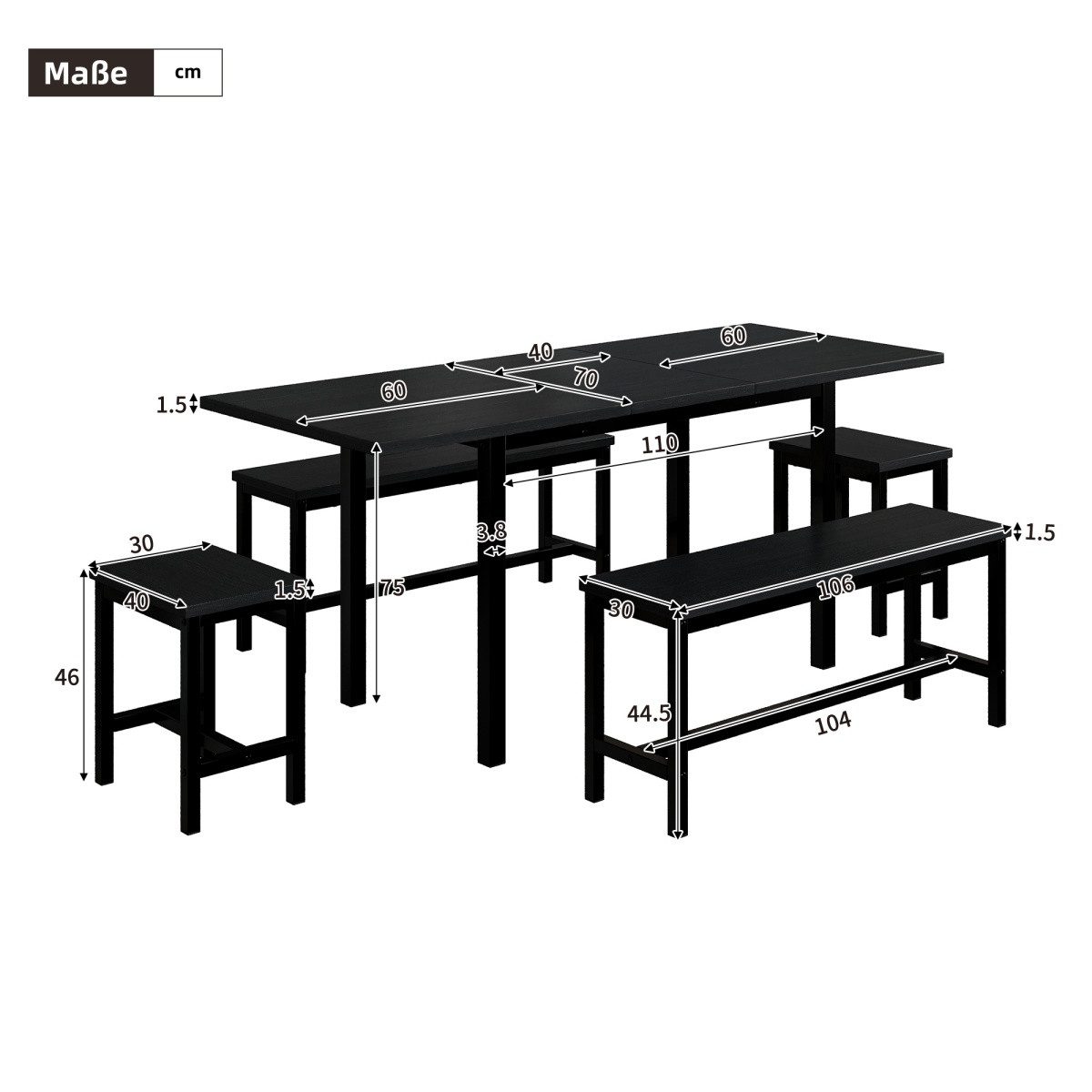 IDEASY Essgruppe 5St. Esstisch-Set in schwarz, günstig online kaufen
