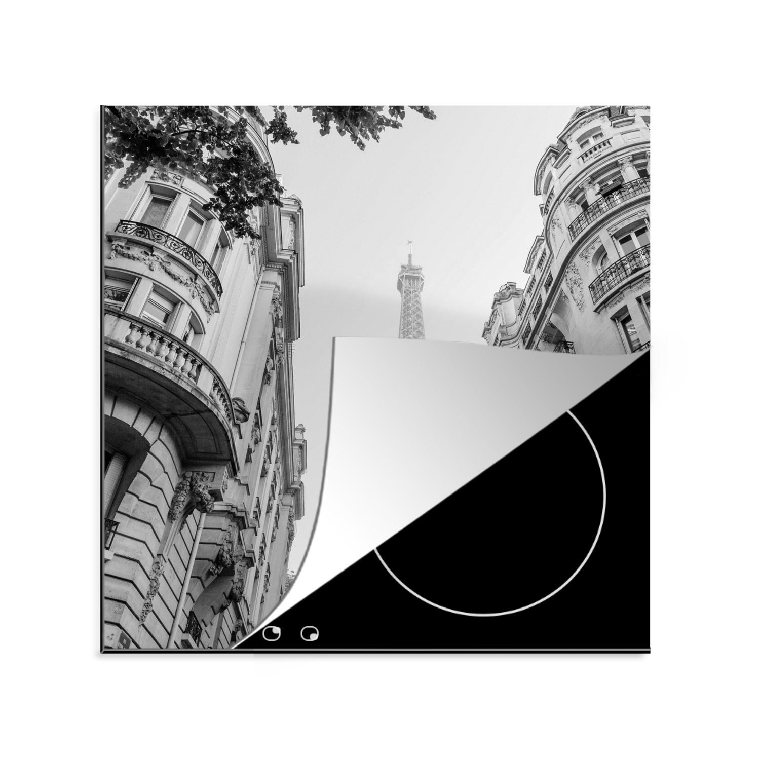MuchoWow Herdblende-/Abdeckplatte Frankreich - Schwarz - Weiß - Eiffelturm, Vinyl, (1 tlg), 78x78 cm, Ceranfeldabdeckung, Arbeitsplatte für küche