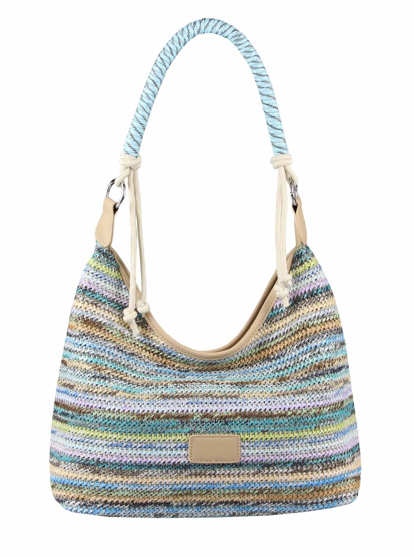 ITALYSHOP24 Schultertasche DAMEN TASCHE Strohtasche Shopper Hobo Geflecht Häkeltasche Crossbody, Boho Beuteltasche Leder Optik Sommer Basttasche Strand Reise Urlaub