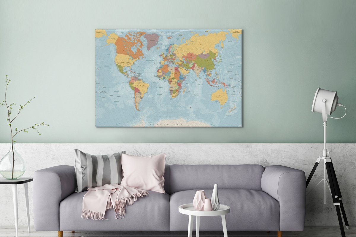 OneMillionCanvasses® Leinwandbild Weltkarte XXL, für Gemälde, - Atlas, St), 120x80 cm - Wohnbereiche, Farben alle Wandbild (1 großes