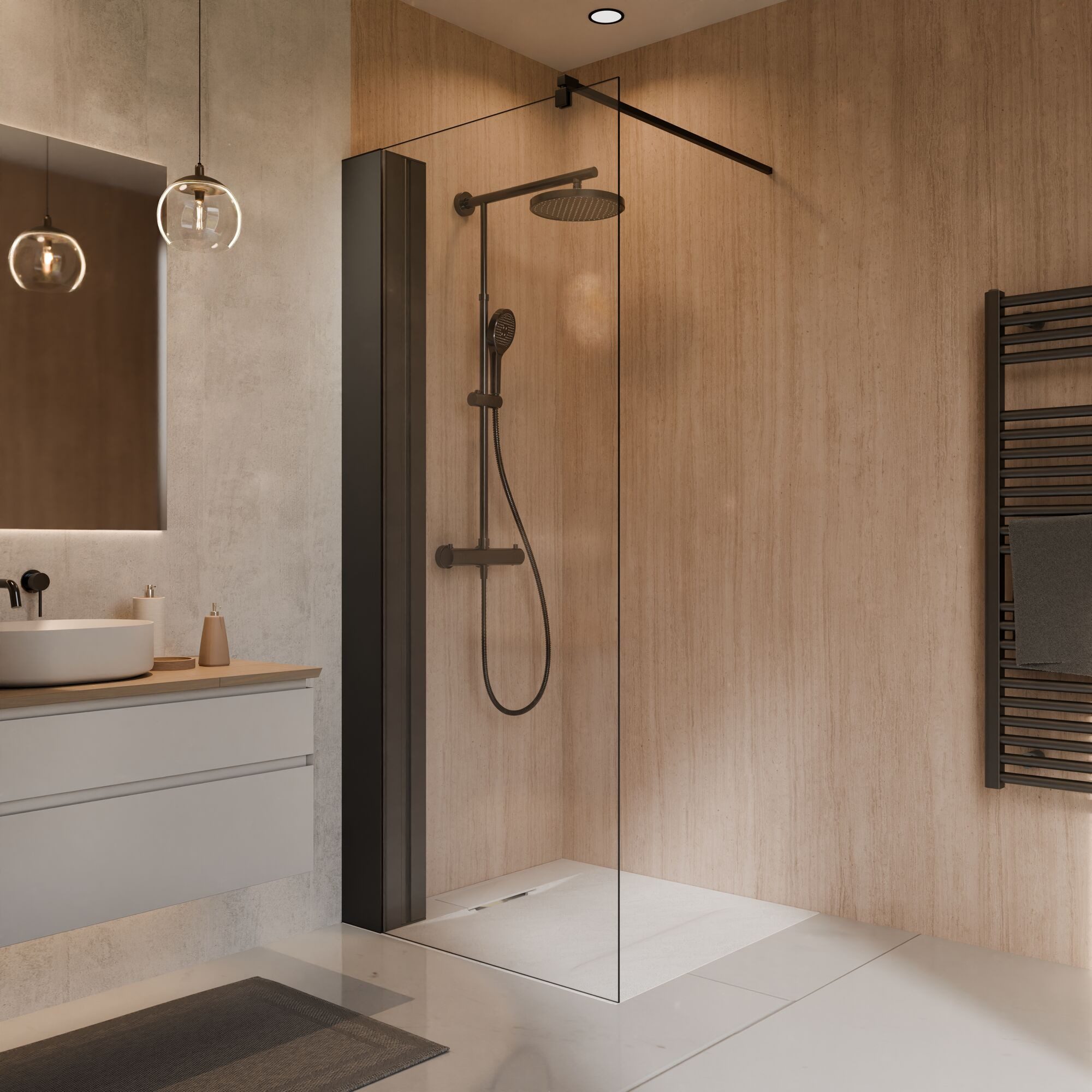 Schulte Walk-in-Dusche Toura Duschwand, Sicherheitsglas, 8 mm, mit integriertem Duschregal, Mattschwarz, Spritzschutz