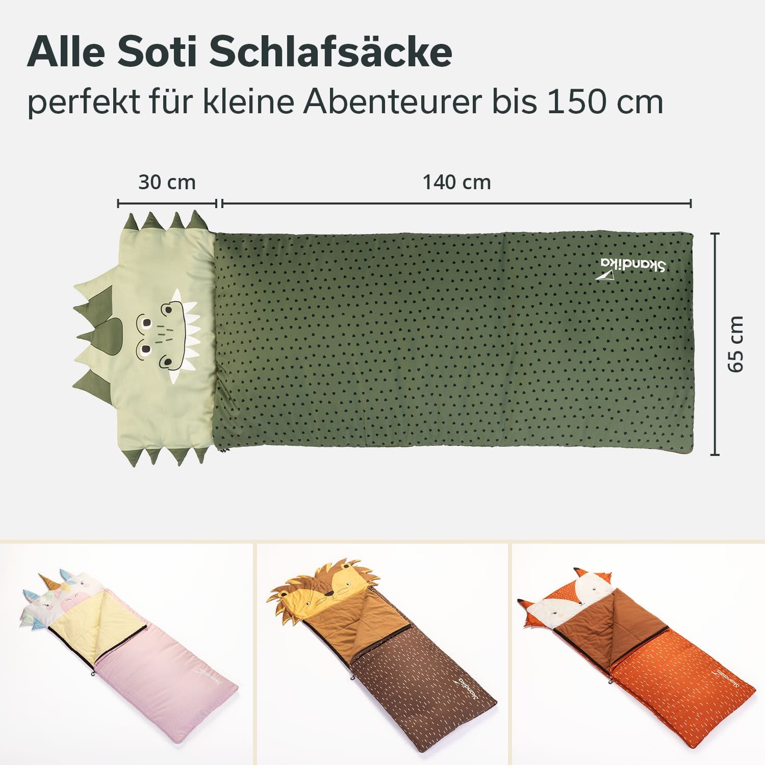 Skandika Kinderschlafsack Soti, für Kinder bis 150 cm, buntes Design Dinosaurier (maschinenwaschbar, Kopfteil, in Tierform und mit Tiermotiv bedruckt), mit Baumwollflanell, Komfort-Temperaturen von 13 °C bis 3 °C