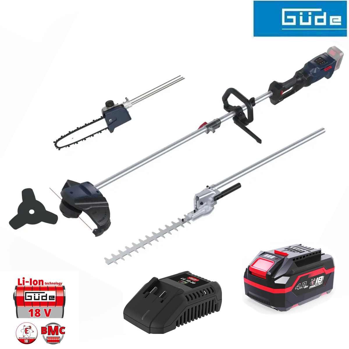 Güde Akku-Motorsense 18V Freischneider Trimmer Heckenschere Astkettensäge Akku 4.0 Ah 4in1