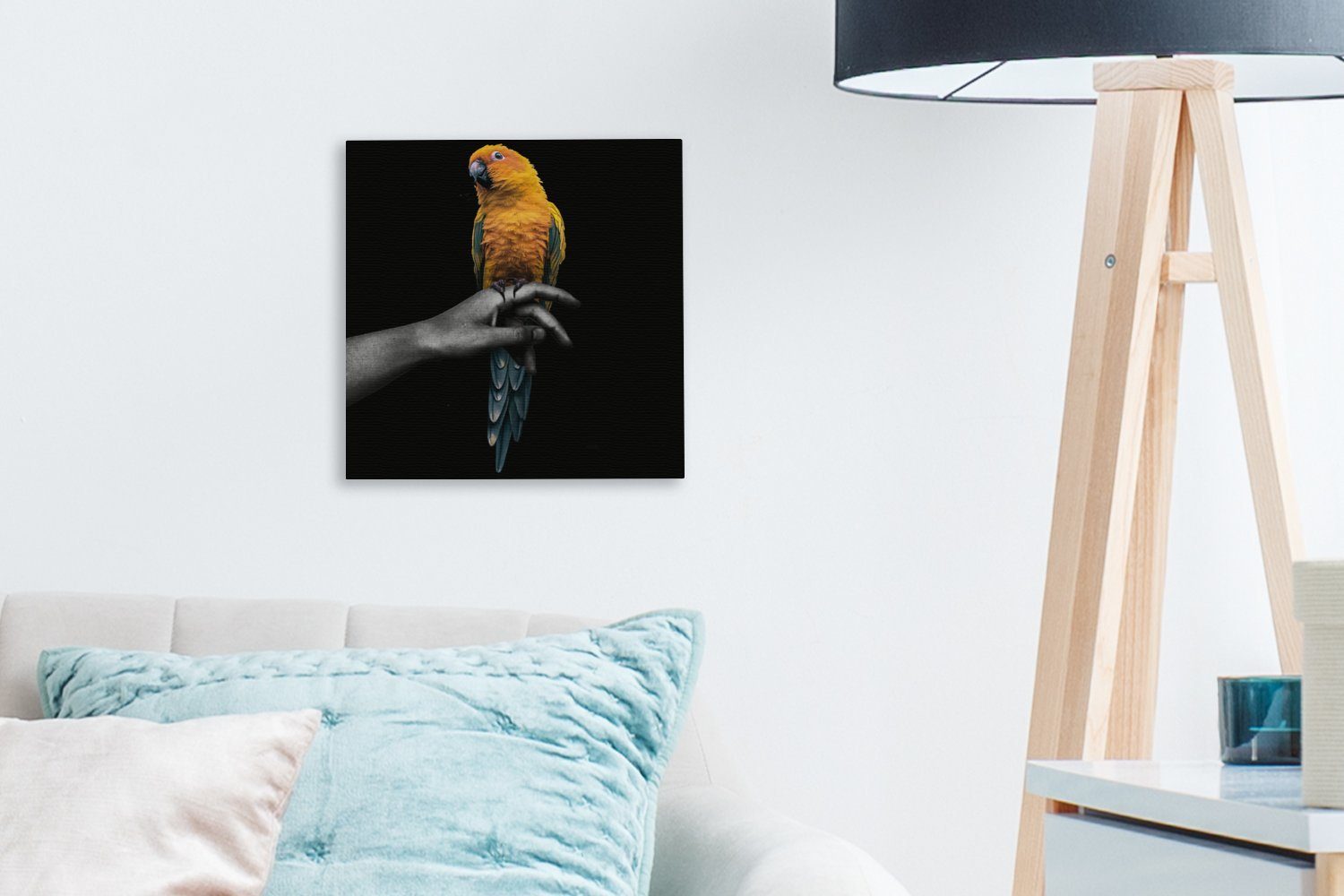 - - OneMillionCanvasses® für Schlafzimmer Vogel Hand Papagei (1 St), Bilder Leinwandbild Wohnzimmer - Leinwand Gelb,