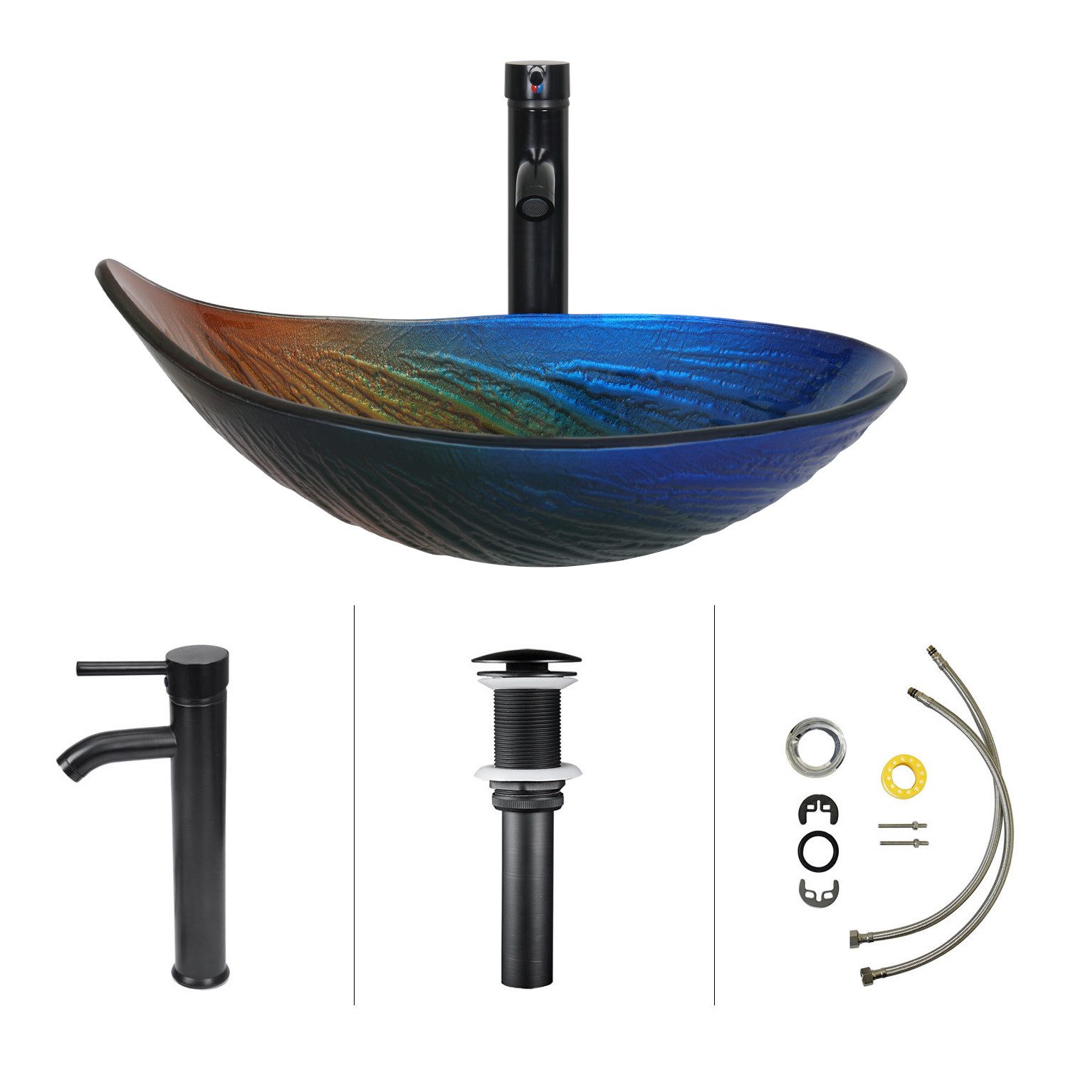 Puluomis Aufsatzwaschbecken Waschbecken Set mit Wasserhahn und Ablaufgarnitur Oval, Handgezeichnet Waschschale, Waschplätze für Badezimmer Küche WC