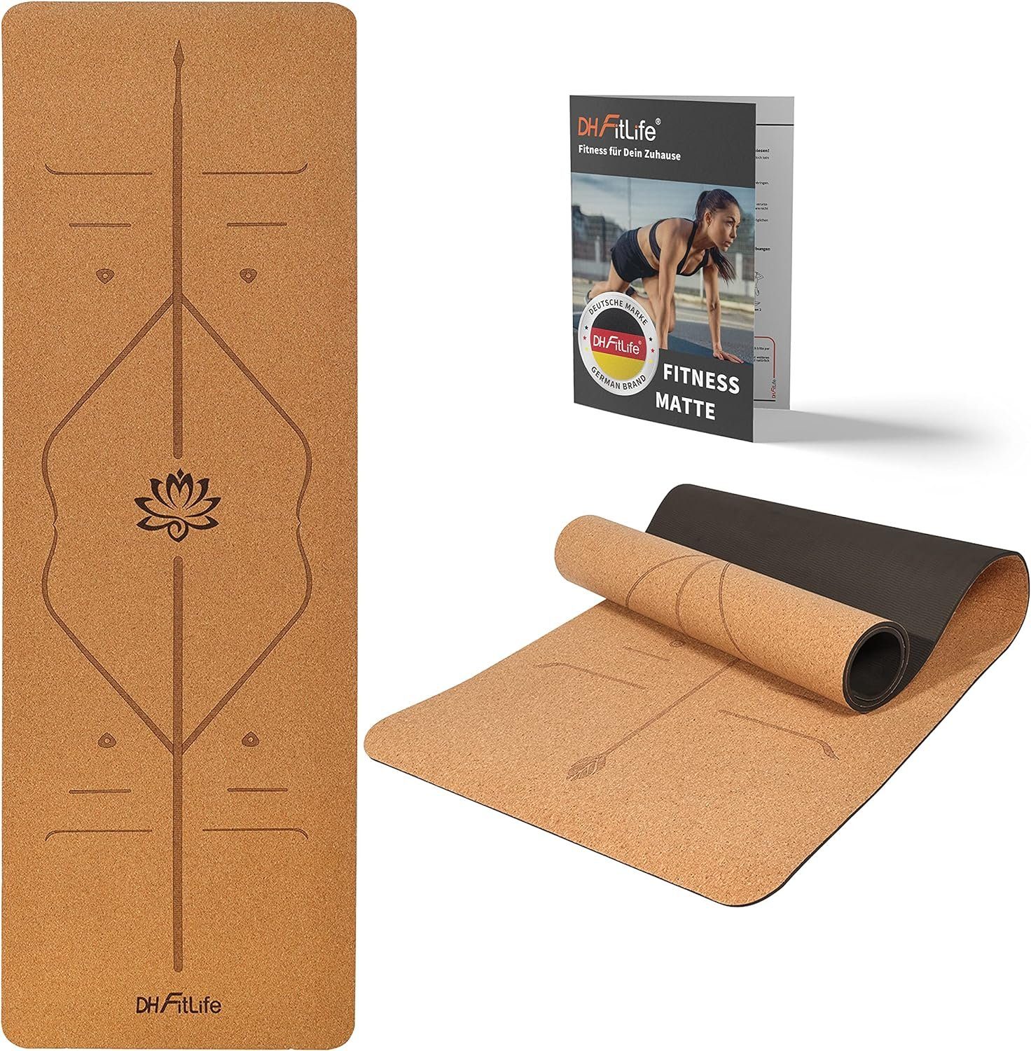 DH FitLife Yogamatte aus hochwertigem Kork & TPE, Gymnastikmatte 183 x 61 x 0,6 cm (naturfreundliche und rutschfeste Fitnessmatte, Korkmatte dicker mit Orientierungslinien), hautverträglich, leicht und tragbar