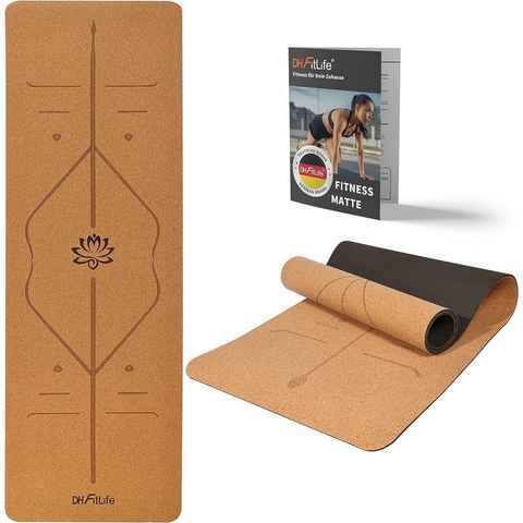 DH FitLife Yogamatte aus Kork & TPE, Gymnastikmatte 183 x 61 x 0,6 cm (Yoga mat Sportmatte Fitnessmatte rutschfest, Yoga Matte dicker mit Orientierungslinien)