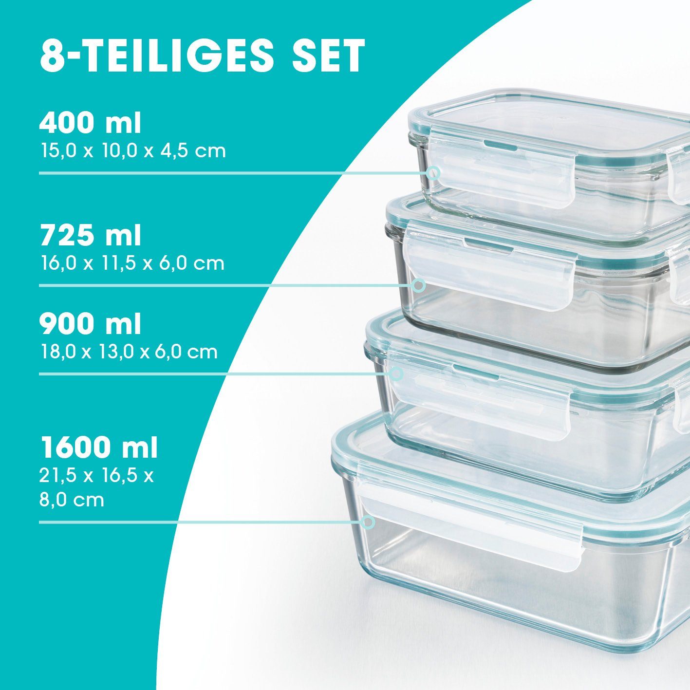 Set, GOURMETmaxx 1x tropfsicher, Glas-Frischhaltedosen 1600ml 1x 900ml; 1x Vorratsdosen 400ml; Frischhaltedose 1x Glas, 8-tlg), Lunchbox 750ml; (4er