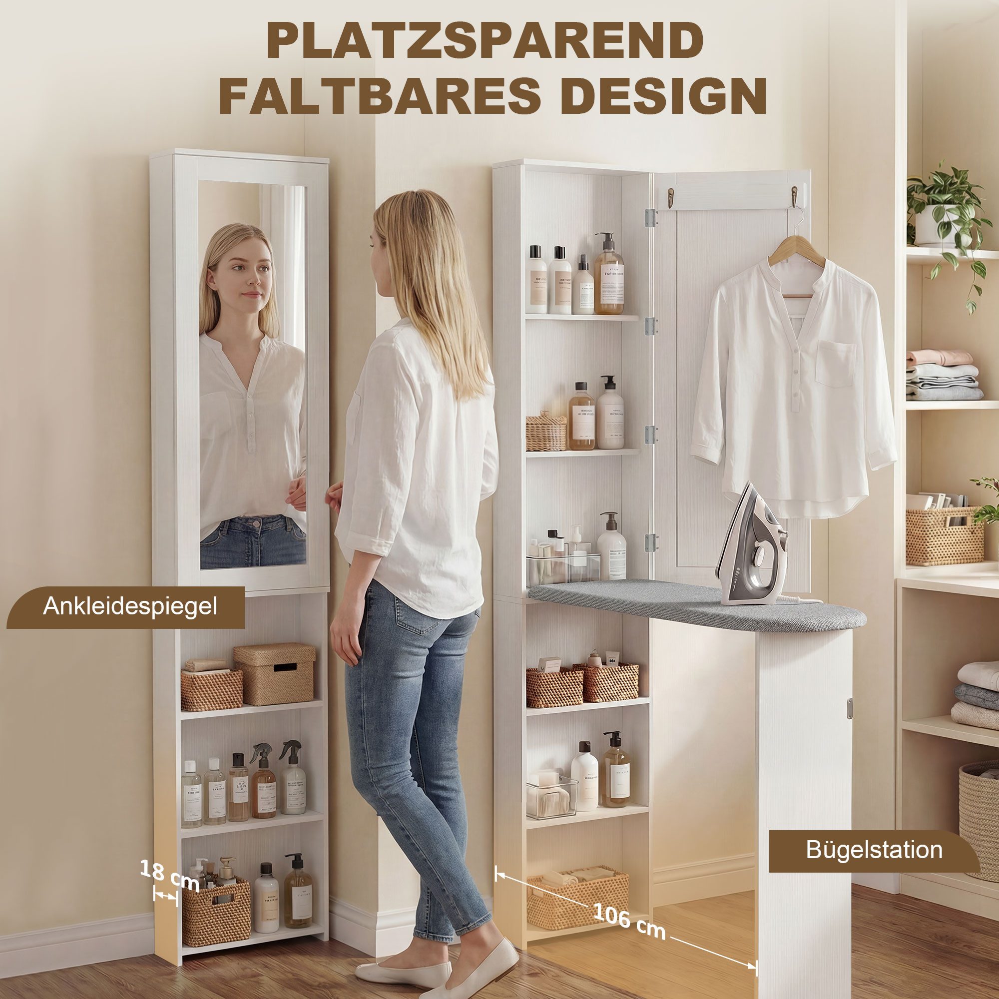 HOMCOM Bügelbrett Faltbarer mit Tür, Regalen, platzsparender Bügeltisch, Bügelfläche 93x31 cm, für Waschküche oder kleine Räume, 106 x 35 x 174 cm, Weiß – Bild 4 von 5