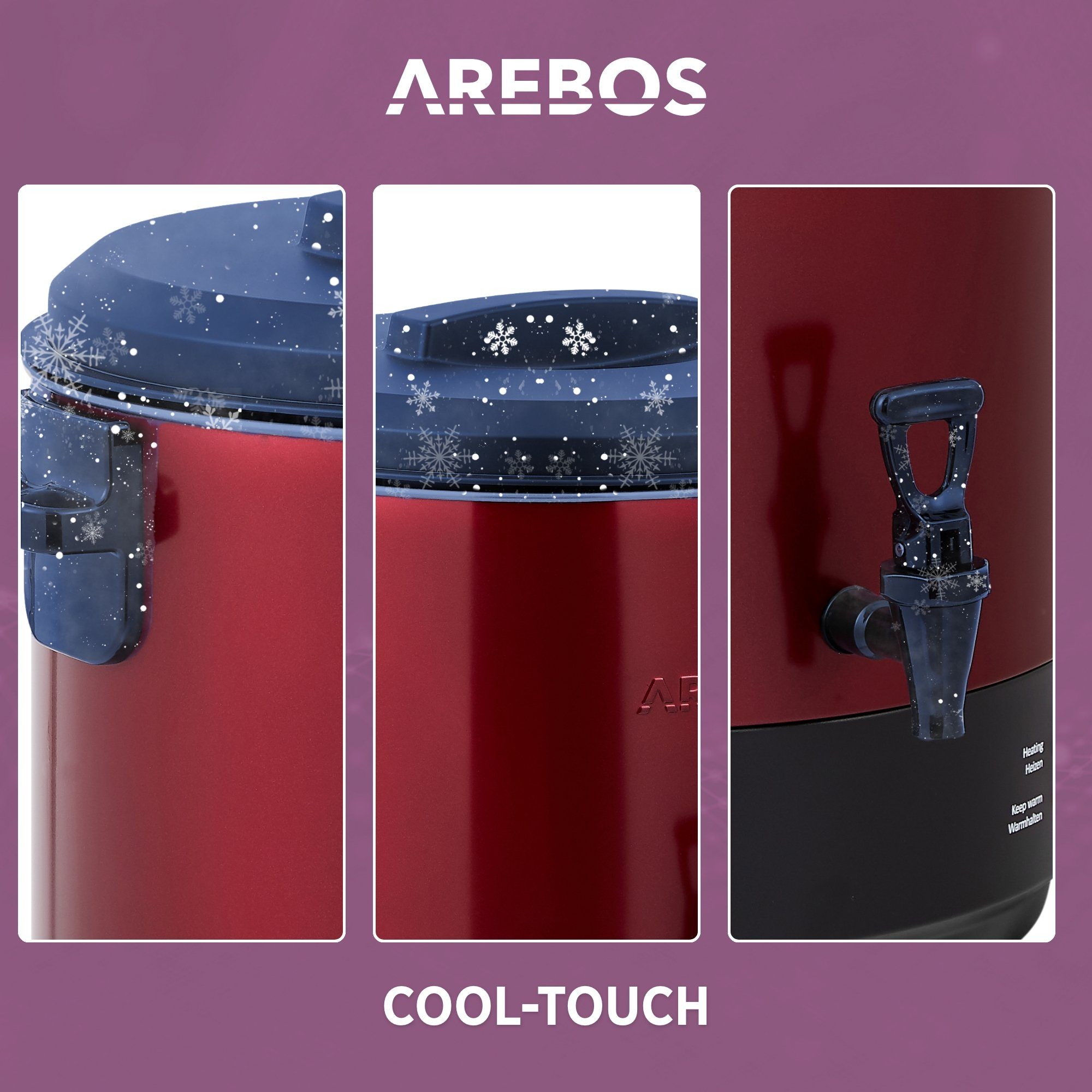 Timer,Thermostat W, & Glühweinautomat Einkoch- Arebos 1800 Einkochtopf Timerfunktion rot Überhitzungsschutz, 28 L, mit und