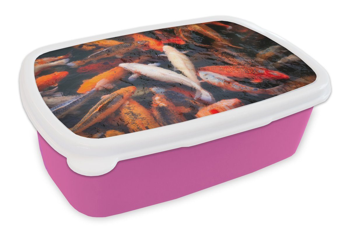 MuchoWow Lunchbox Ein Teich mit Koi-Karpfen von oben, Kunststoff, (2-tlg), Brotbox für Erwachsene, Brotdose Kinder, Snackbox, Mädchen, Kunststoff rosa