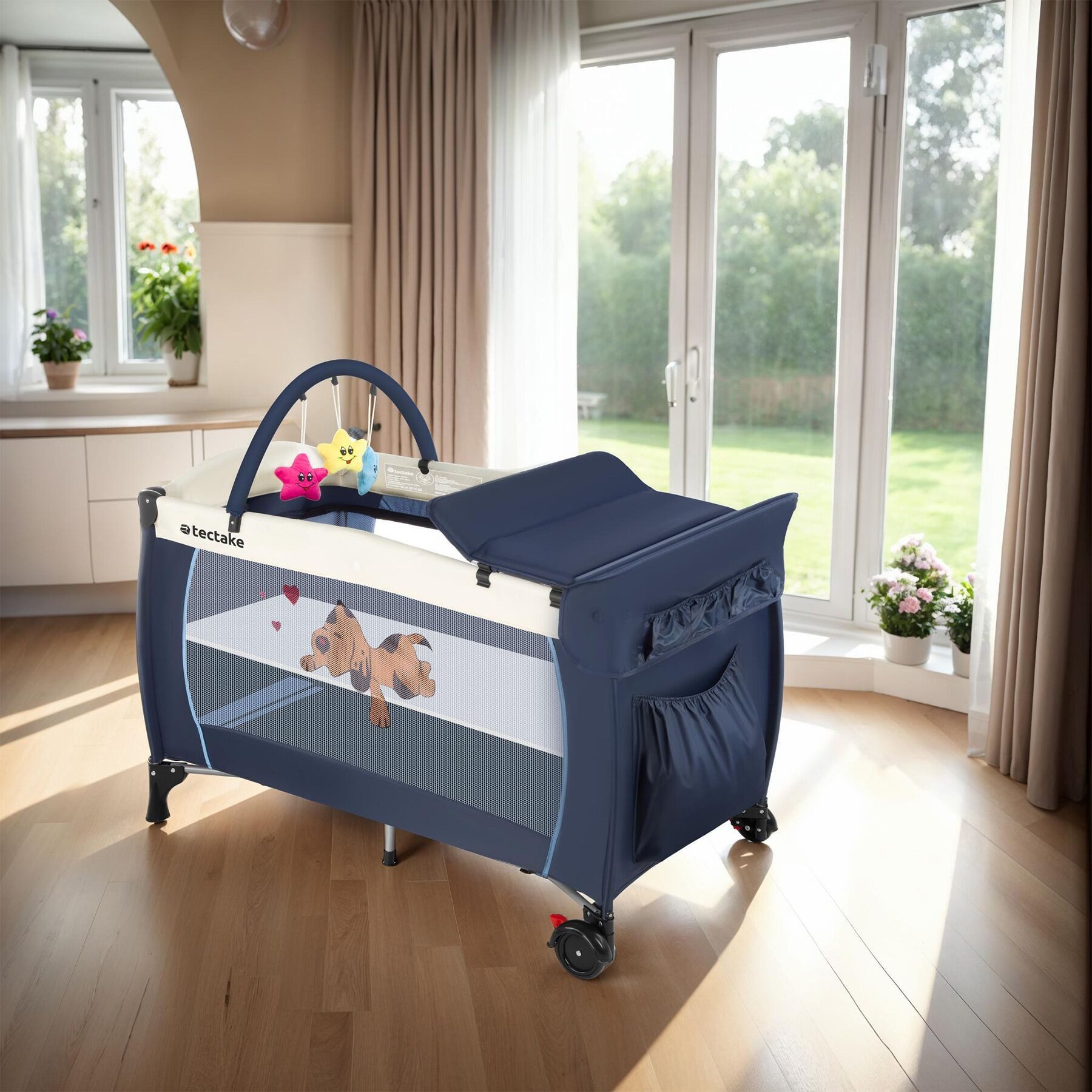 tectake Baby-Reisebett Kinderbett mit Wickelauflage und Transporttasche 132x75x104cm, mit großen Mesh-Einsätzen, Wickelauflage und Seiteneingang in blau