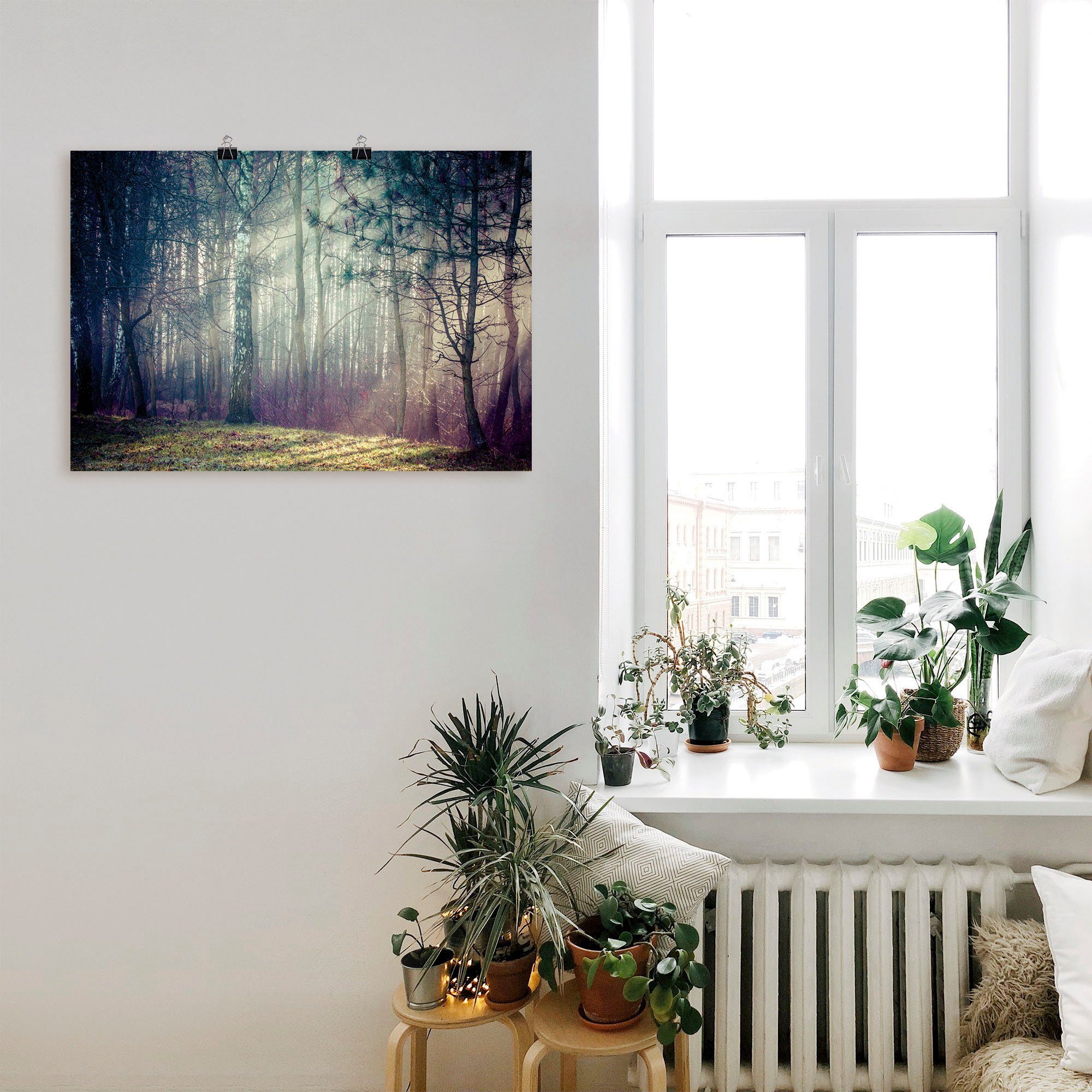 Artland Wandbild Sonnenstrahlen im Wald, Wandaufkleber in oder als Waldbilder Größen St), Leinwandbild, Poster (1 Alubild, versch