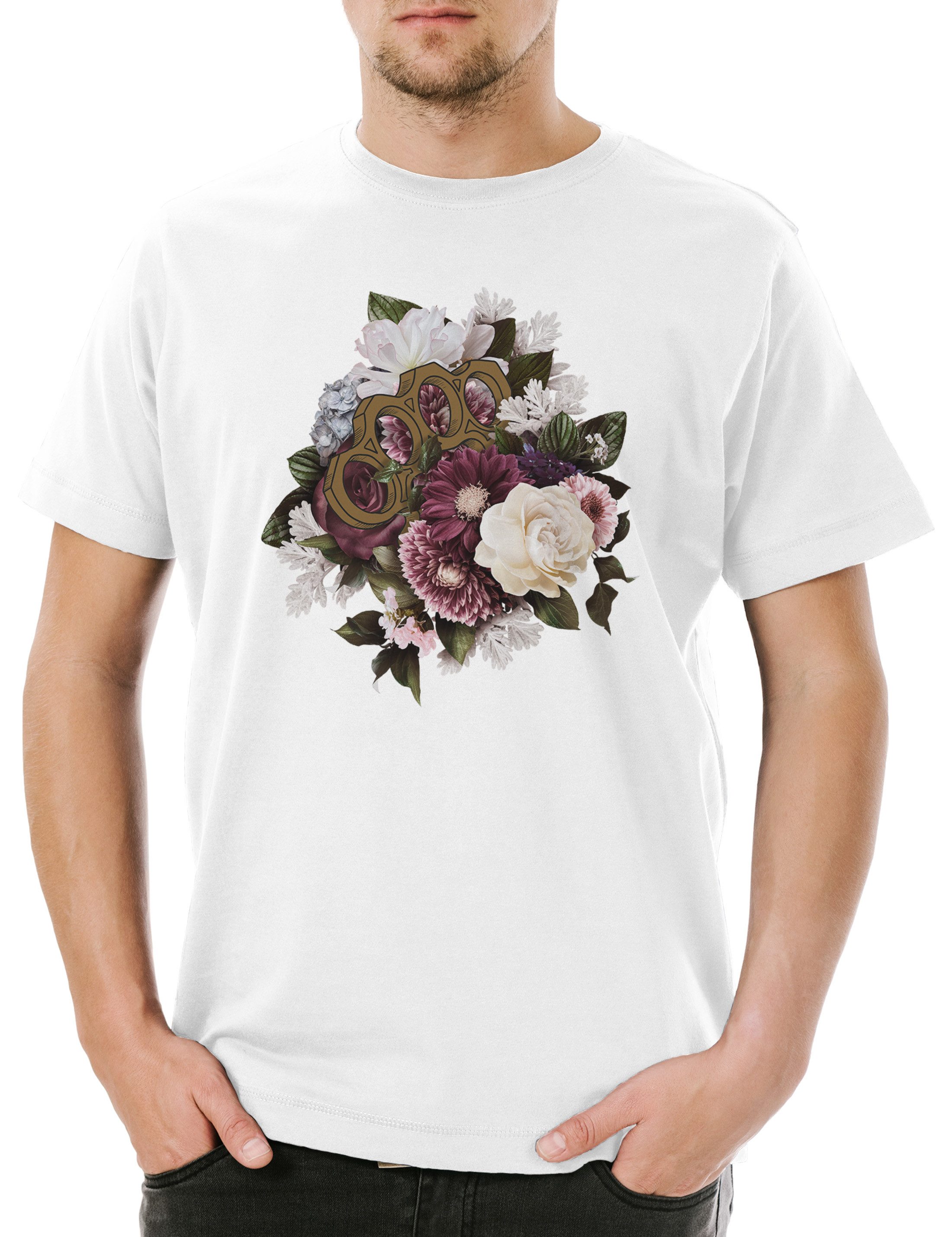 Urban Backwoods Print-Shirt Brass Knuckles And Flowers Herren T-Shirt Tattoo Oldschool Newschool (1-tlg) Schlagring Knuckelduster Blumen Messer