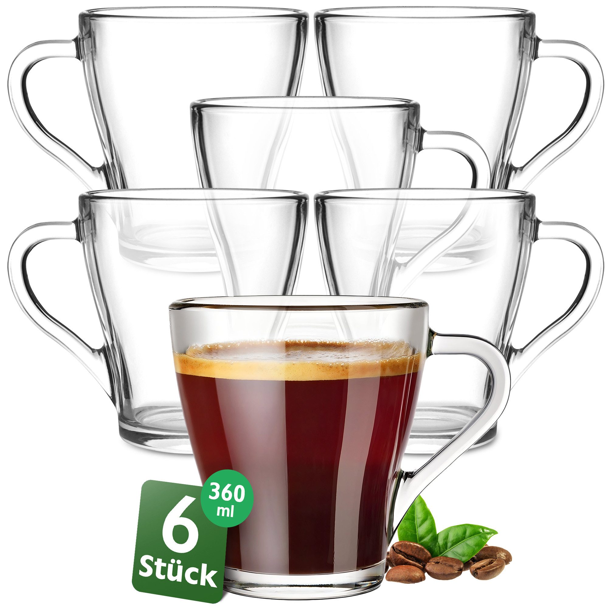 KONZEPT Teeglas mit Henkel XL Set 360 ml Kaffeegläser Transparent Glühweingläser, 6-tlg., Set 4/6 tlg. für Heiße Getränke, spülmaschinenfest
