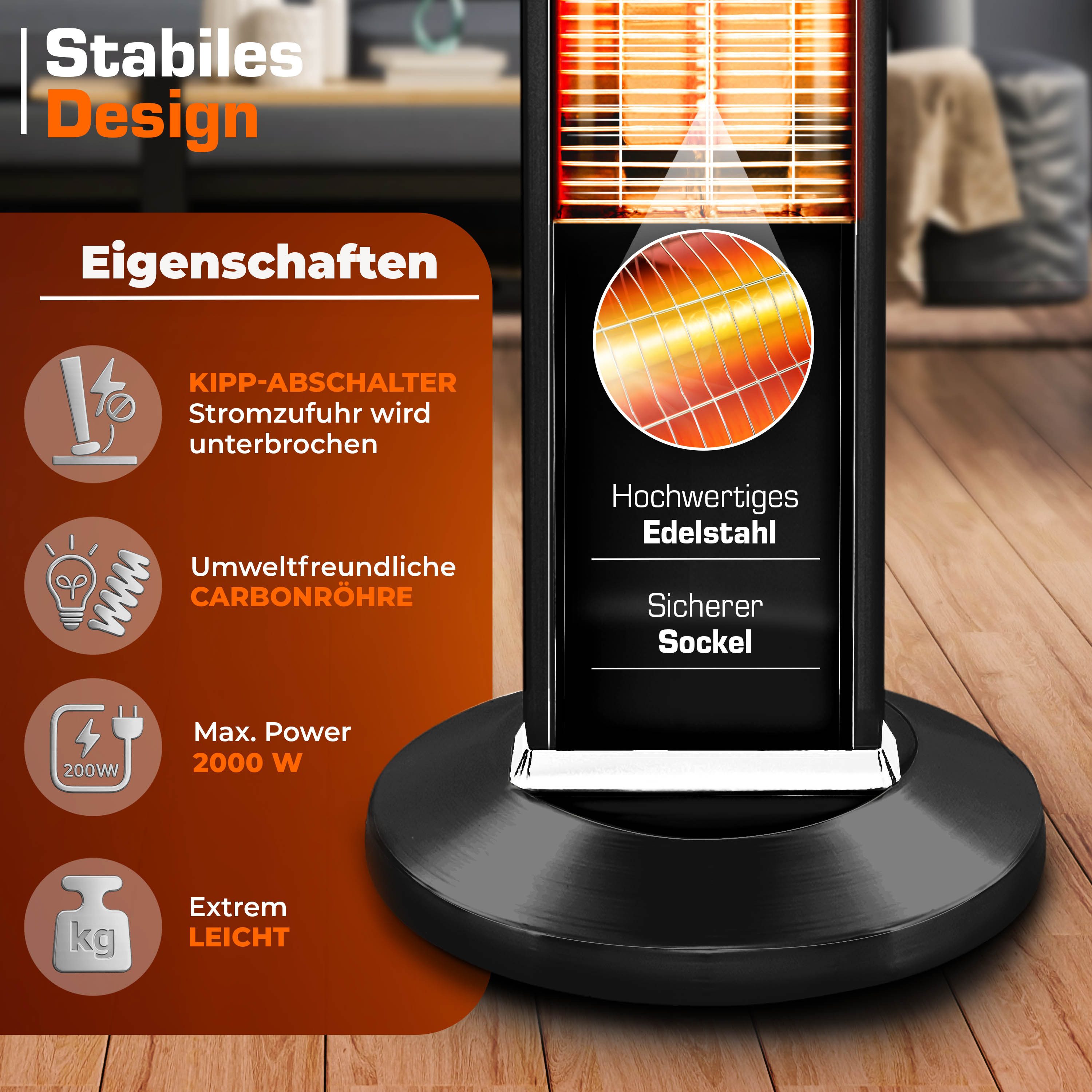 TRESKO Heizstrahler Infrarot Stand-Heizstrahler Wärmestrahler Fernbedienung LED-Anzeige, 2000 W, Terrasse elektrisch mit 3 Heizstufen, Terrassenstrahler Innen & Außen