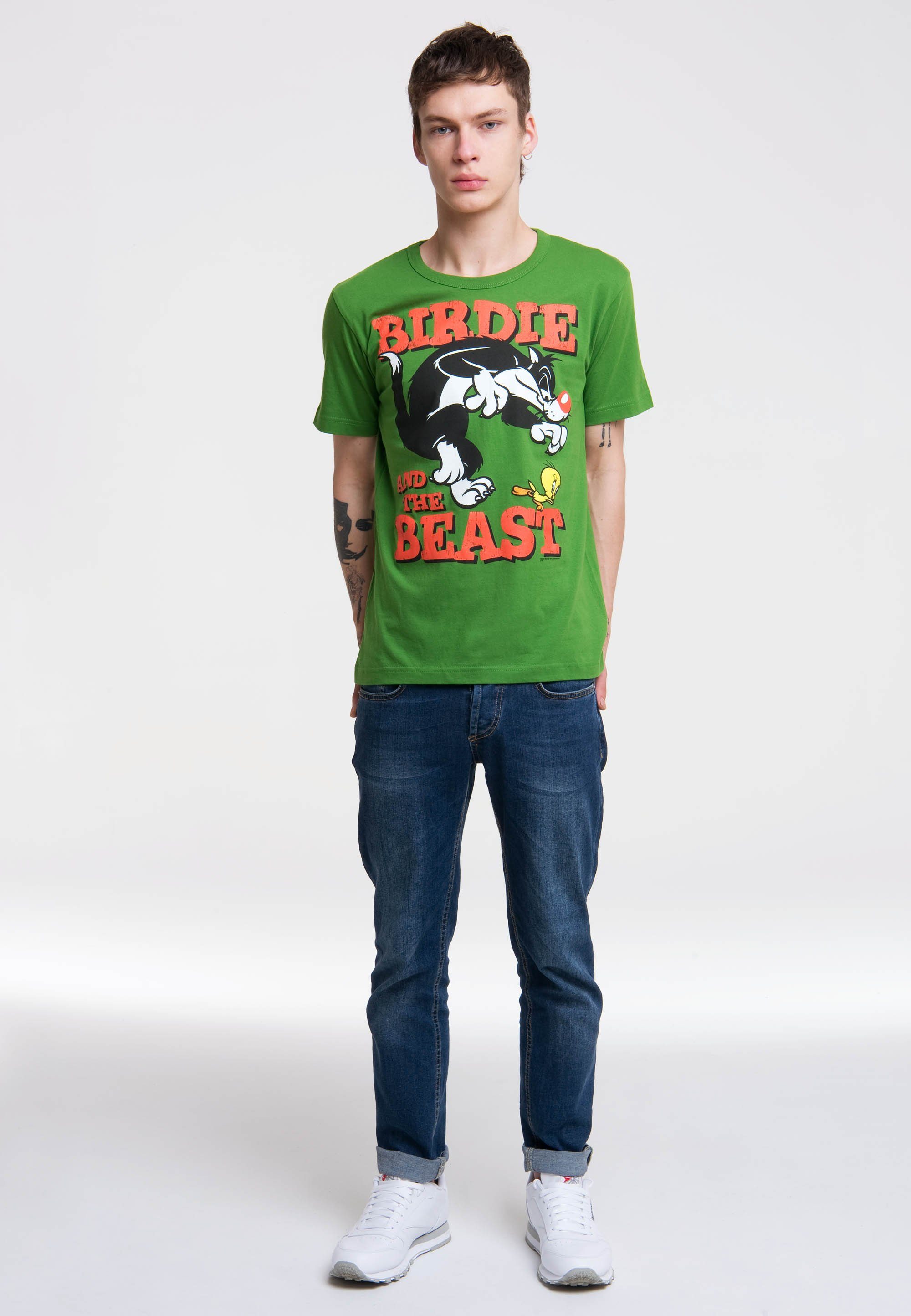 & olivgrün-grün LOGOSHIRT lizenziertem Sylvester T-Shirt mit Tweety Originaldesign