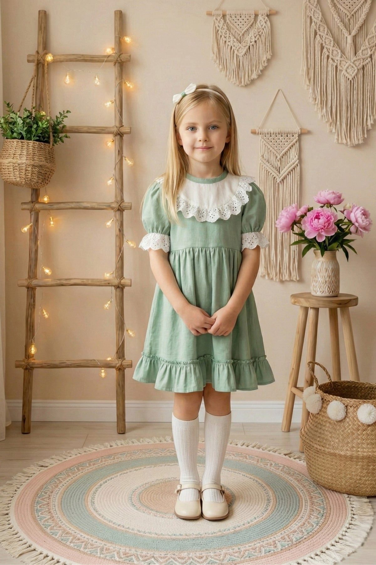 Parla Kids Sommerkleid Mintfarbenes Kleid kurzärmelig mit Spitzendetail und Haarspange Spitzendetails - Haarband - Rüschensaum