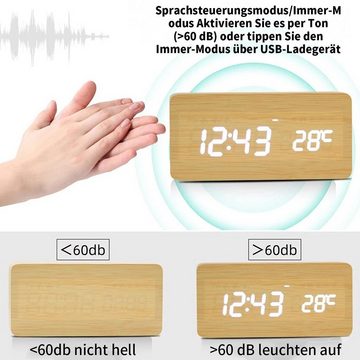 yozhiqu Wecker LED Holz Smart Digital Alarm Clock Tischuhr, Multifunktionswecker Helligkeitseinstellung, Anzeige von Datum/Temperatur/Luftfeuchtigkeit
