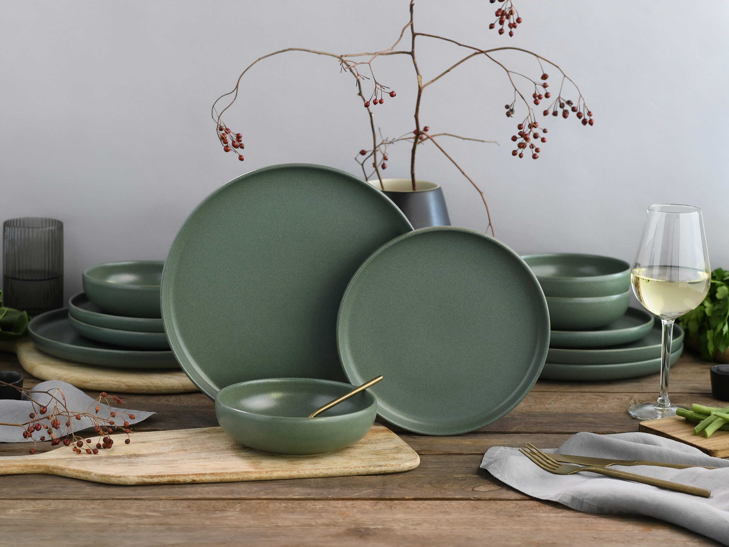 CreaTable Tafelservice Uno Green (12-tlg), 4 Personen, Steinzeug