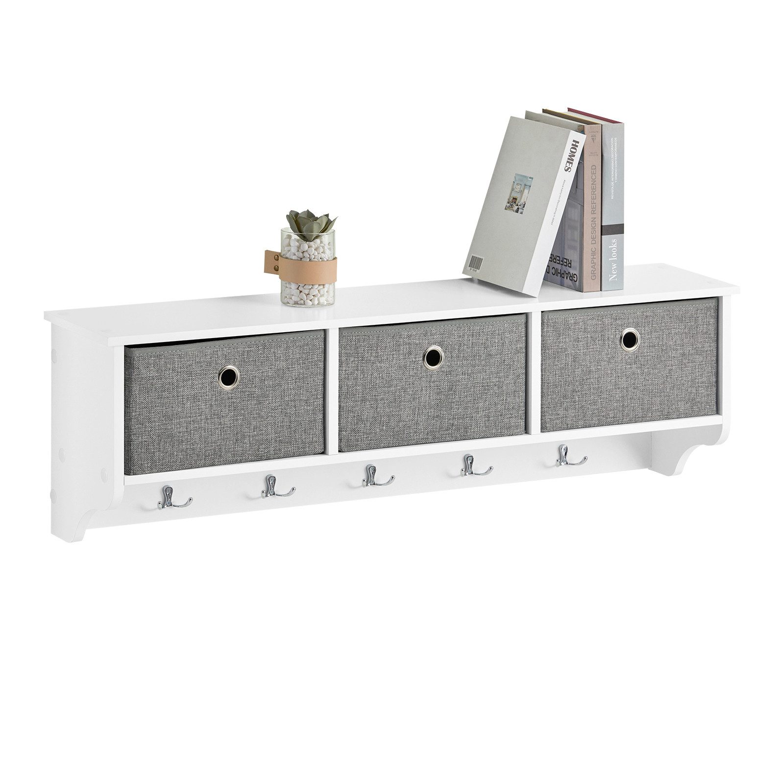 SoBuy Wandregal FRG282, Wandgarderobe mit Haken, Schweberegal Hängeregal mit 3 Körben, Garderobenleiste mit 3 Körben und 5 Haken, für Flur, Schlafzimmer