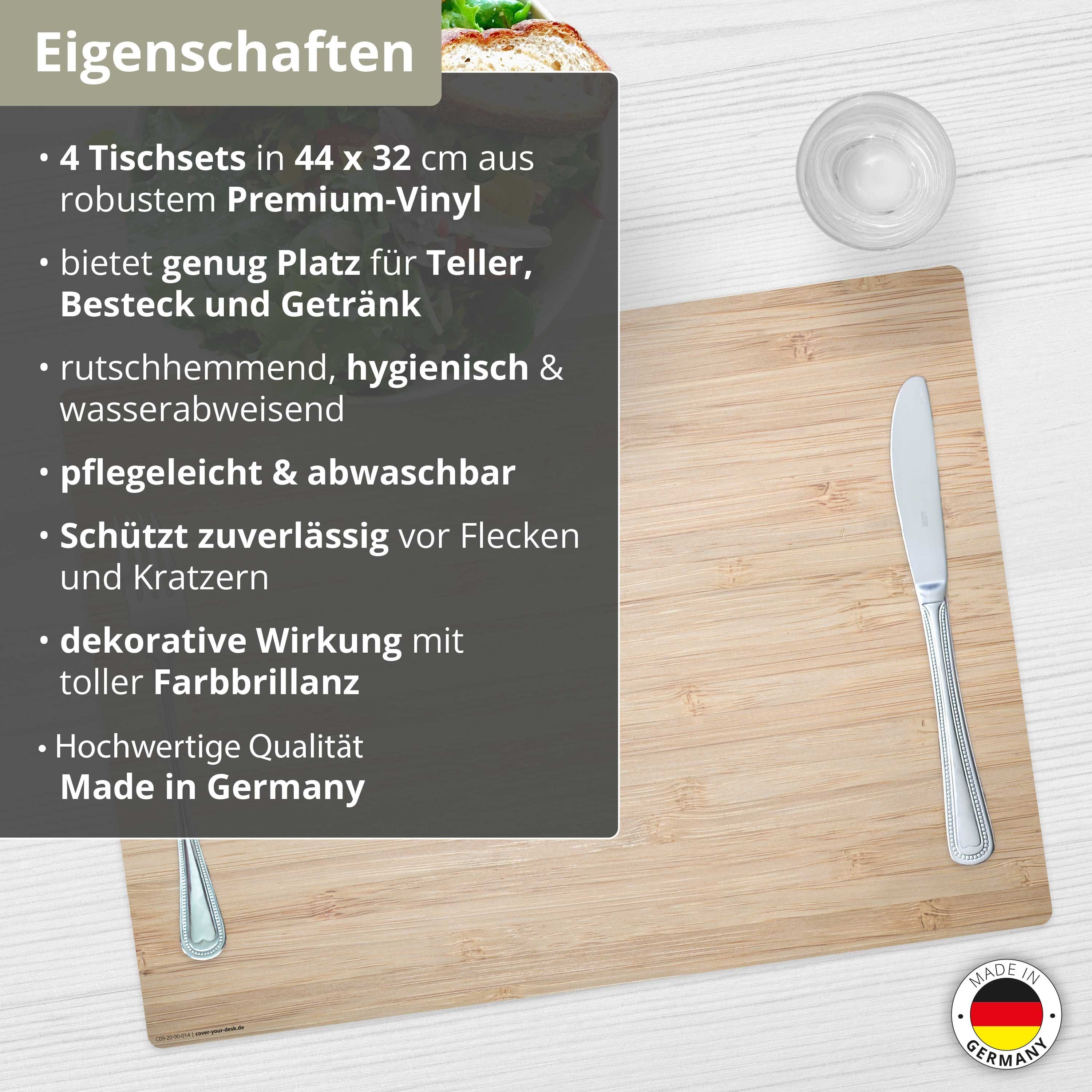 cover-your-desk.de Platzset Tischsets I Platzsets abwaschbar - Bambus Optik, (aus erstklassigem Vinyl (Kunststoff – BPA-frei), 4-St., 44 x 32 cm - rutschfeste Tischdekoration), Made in Germany