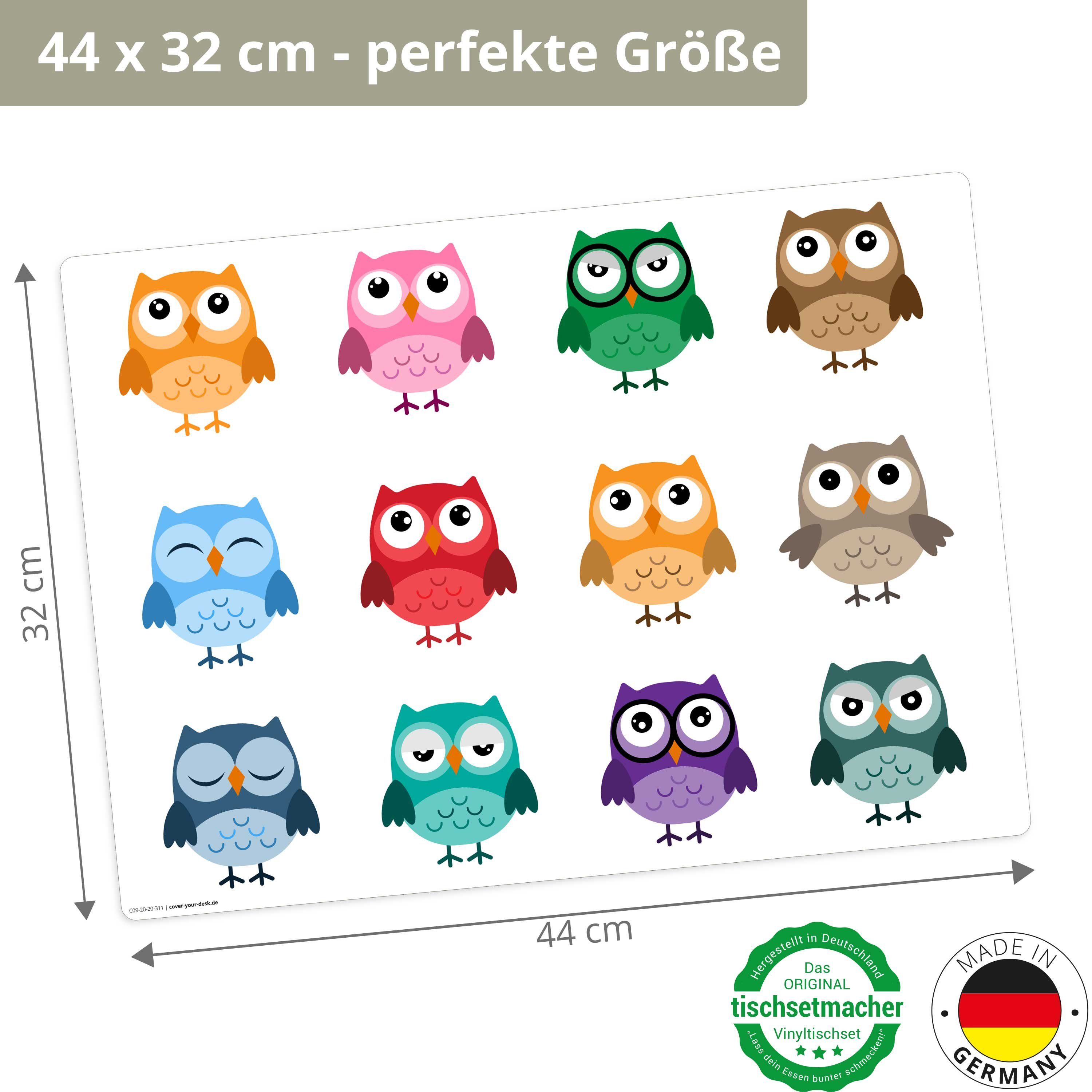 Platzset, Tischset I Platzset abwaschbar - Für Kinder - Bunte Eulen,  Tischsetmacher, (aus erstklassigem Vinyl (Kunststoff - BPA frei), 1-St., 44  x 32 cm - rutschfeste & farbenfrohe Tischdekoration), Made in Germany