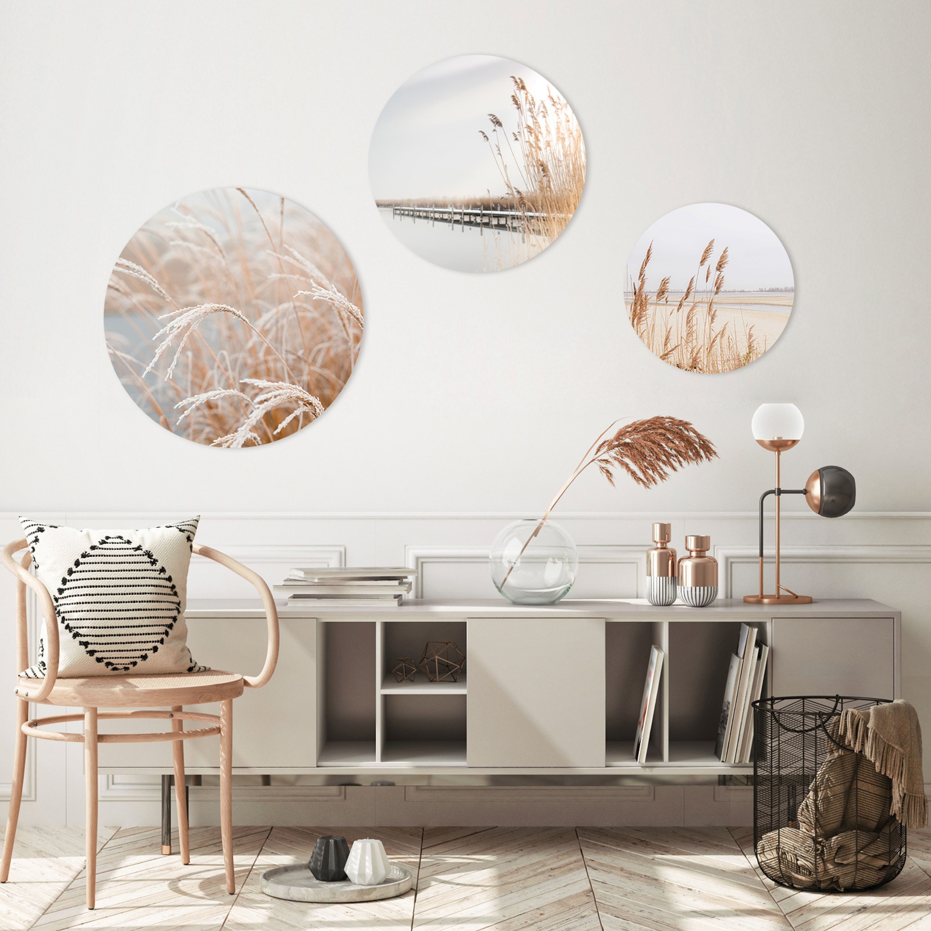 artissimo Mehrteilige Bilder Bilder-Set 3-teilig 55/40/25 cm runde Wandbilder - Wanddeko beige, Boho-Style: Natur / Pampas-Gras