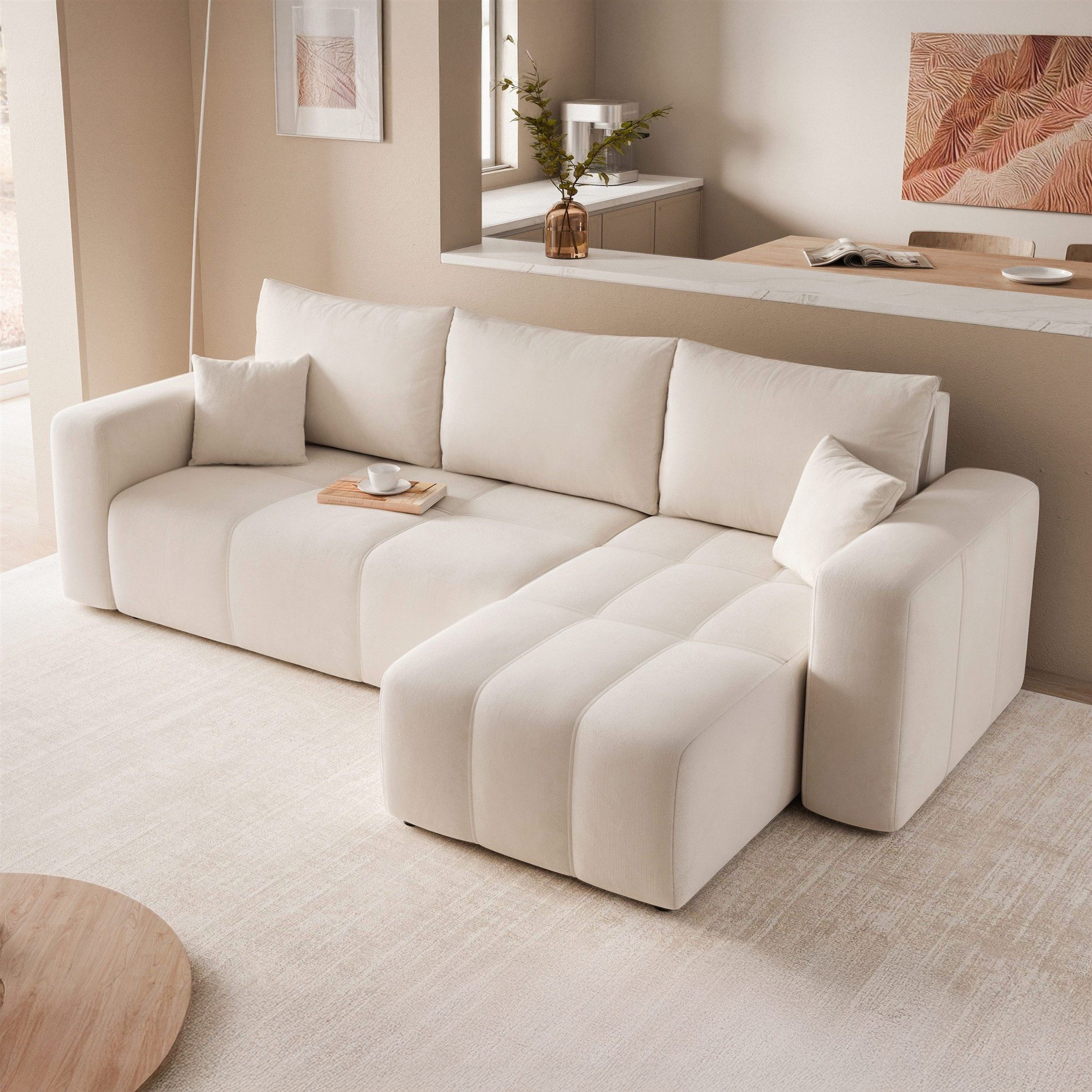 Fun Möbel Ecksofa Schlafsofa LEROS mit Ottomane in Verloursstoff Manila, mit Bettkasten, inkl. 3 Rückenkissen und 2 Zierkissen