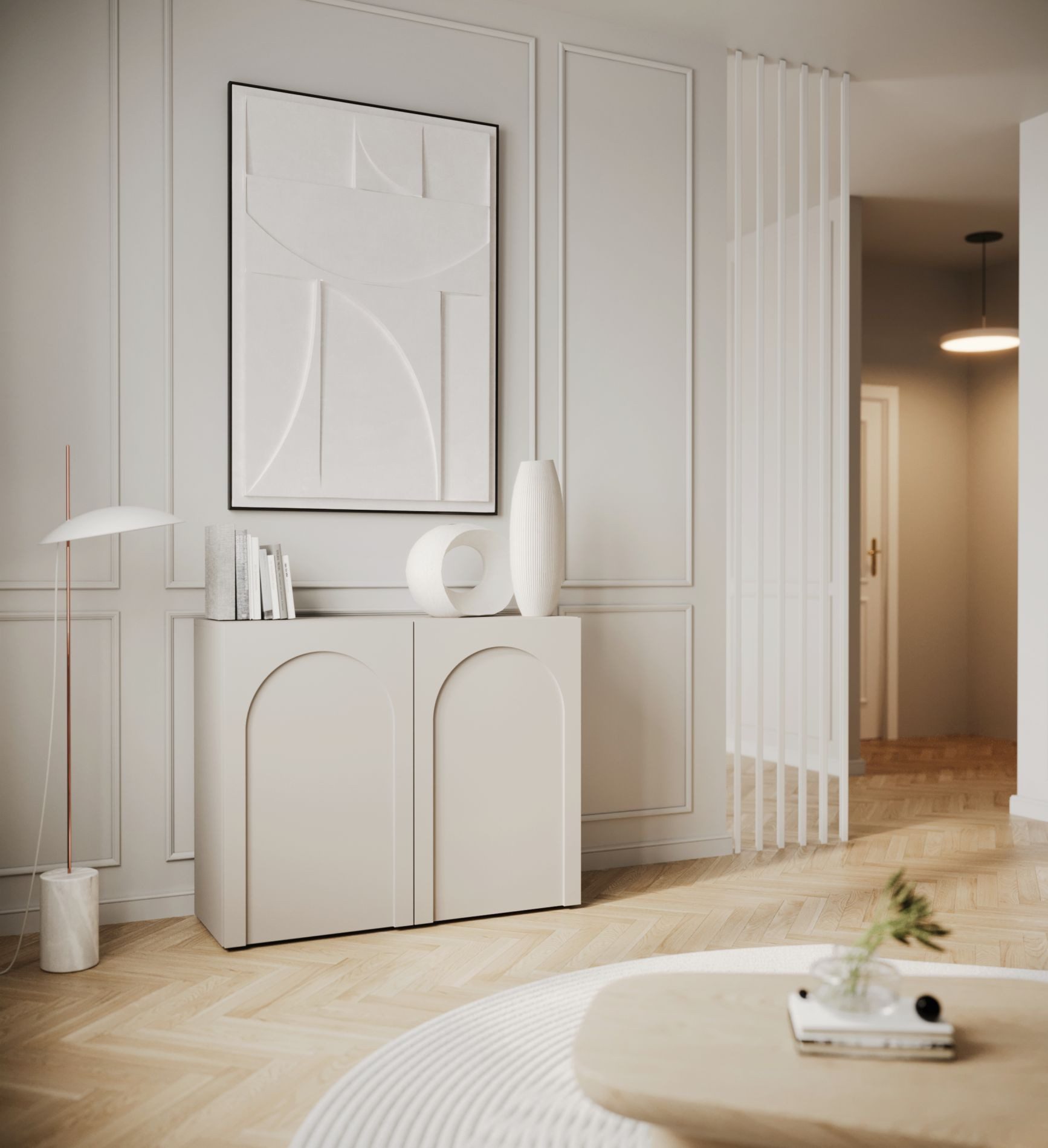 Selsey Sideboard ARKADIA, Sideboard mit grifflosen Türen mit Bogenausschnitt, Greige