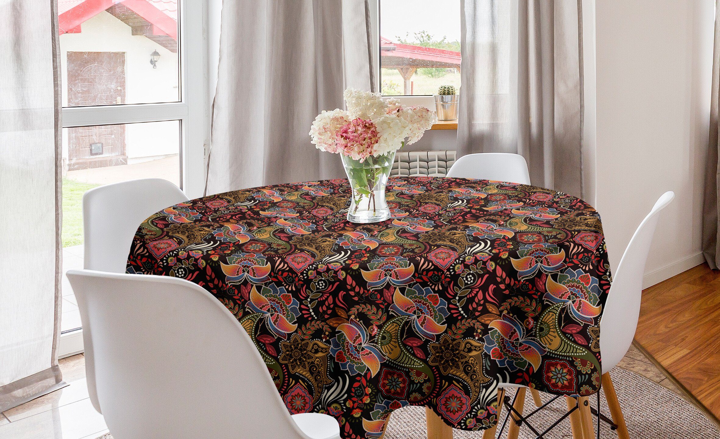 Abakuhaus Tischdecke Kreis Tischdecke Abdeckung für Esszimmer Küche Dekoration, Jacobean Jumble Warm Tone Blumen