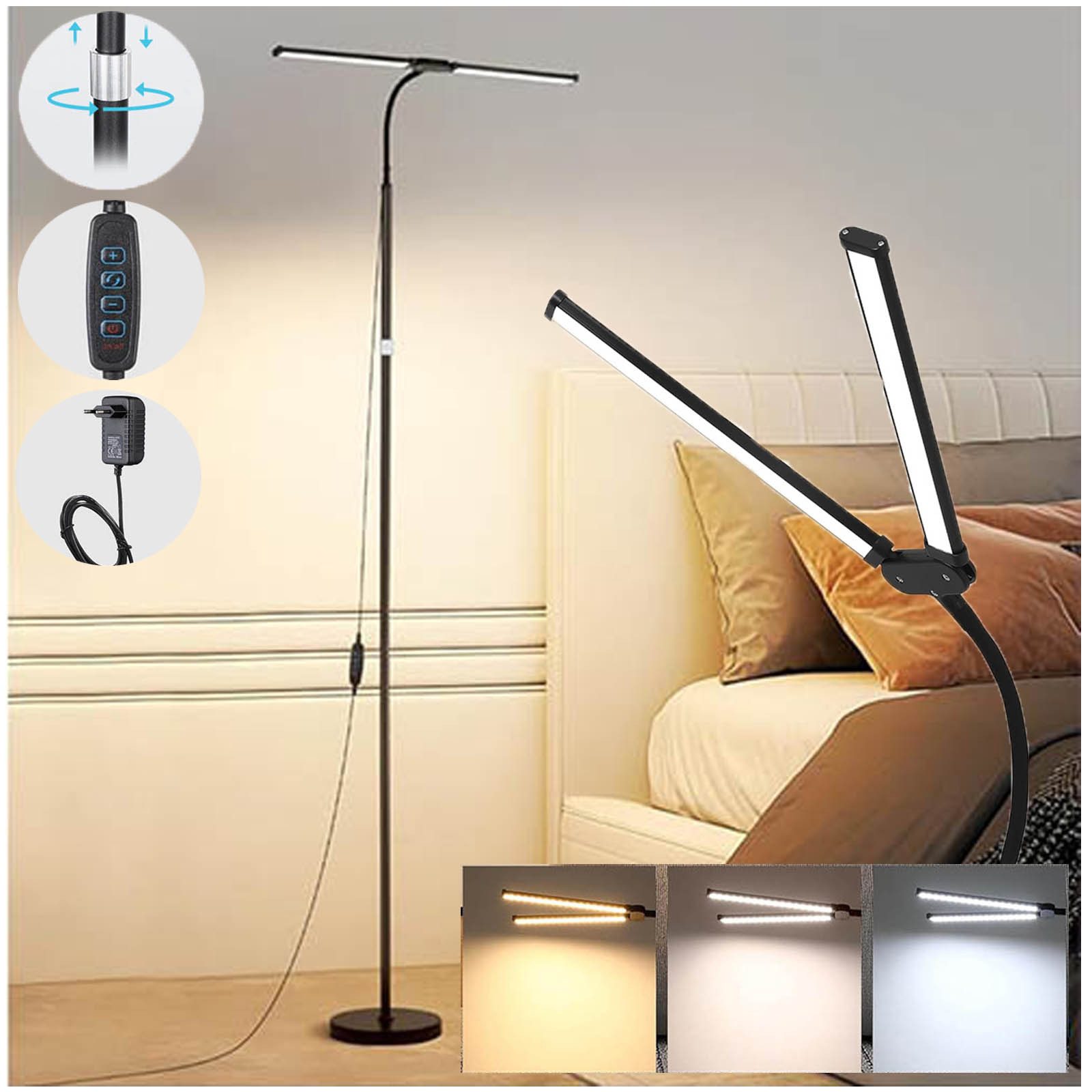 MUPOO LED Leselampe Stehlampe wohnzimmer Doppelter Kopf Schwanenhals Stehleuchte,4 Höhen, mit Adapter, 360° verstellbar mit 3 Farbmodi