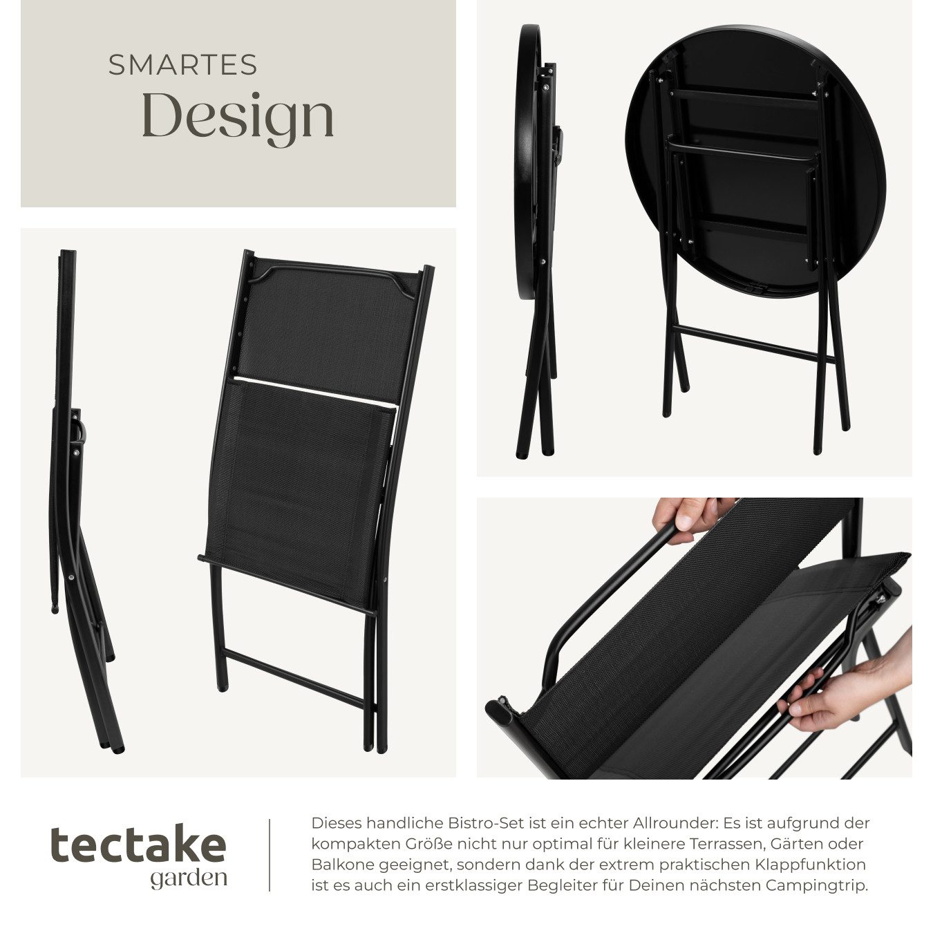 tectake Essgruppe Bistro-Set für 2 Personen, Tisch mit Sicherheitsglasplatte, (Gartenmöbel Düsseldorf, 3-tlg., in schwarz), klappbar, widerstandsfähig, UV-beständig, Stühle mit Griffen