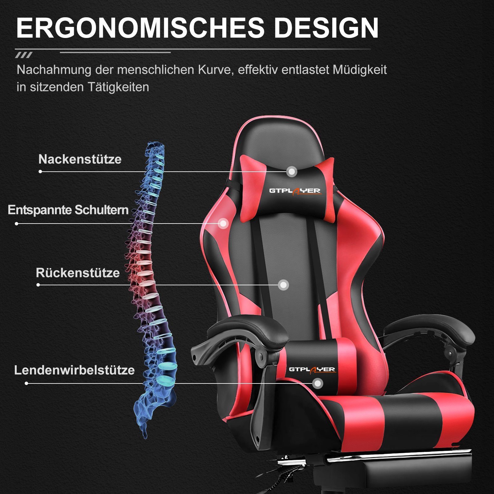 GTPLAYER Gaming-Stuhl Bürostuhl mit Massagefunktion, Fußstütze, Kopfstütze (Packung), Ergonomischer Gamer Stuhl Maximale Belastung 150 kg, 360° drehbar