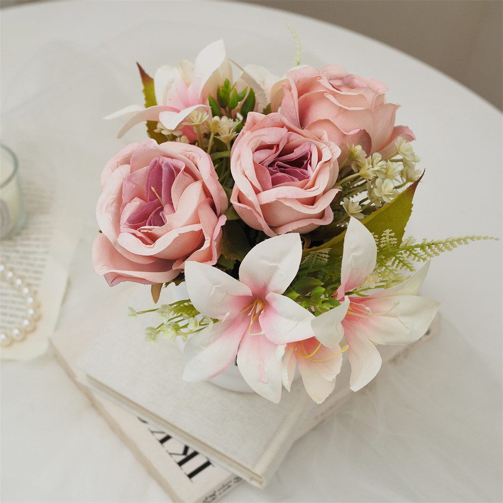Kunstblumenstrauß Künstliche Lilie Rose Bonsai Set Keramik Tischdekoration günstig online kaufen