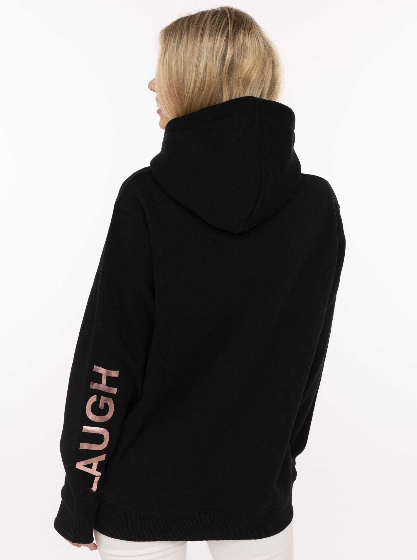 Zwillingsherz Hoodie "SMILE & LAUGH" Print am Arm und Brust, Kapuze mit bedruckter Kordel, Kängurutasche